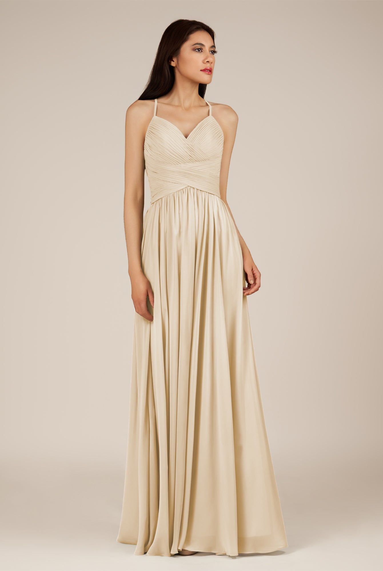 KissDress-Nolana Champagne A Line V Neck Chiffon Pleated Long Bridesmaid Dress