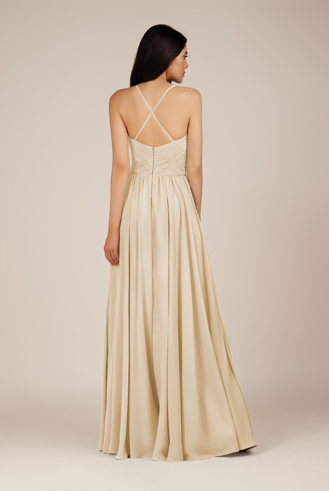 KissDress-Nolana Champagne A Line V Neck Chiffon Pleated Long Bridesmaid Dress
