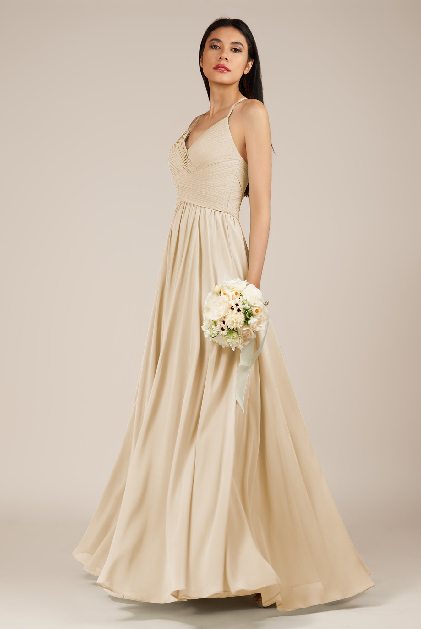 KissDress-Nolana Champagne A Line V Neck Chiffon Pleated Long Bridesmaid Dress
