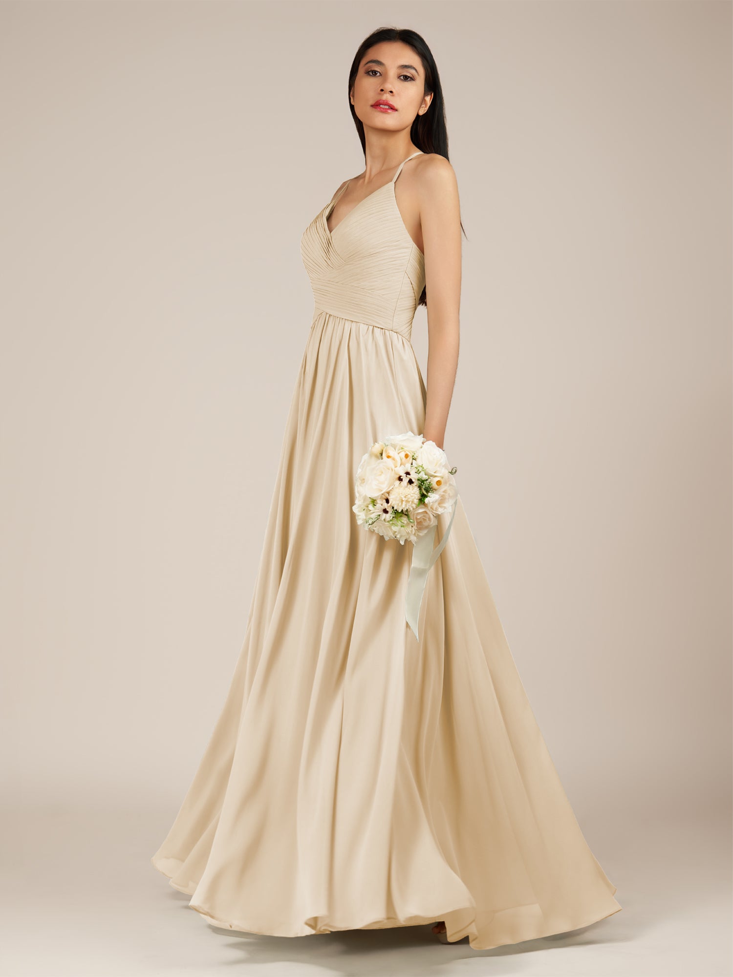 KissDress-Nolana Champagne A Line V Neck Chiffon Pleated Long Bridesmaid Dress