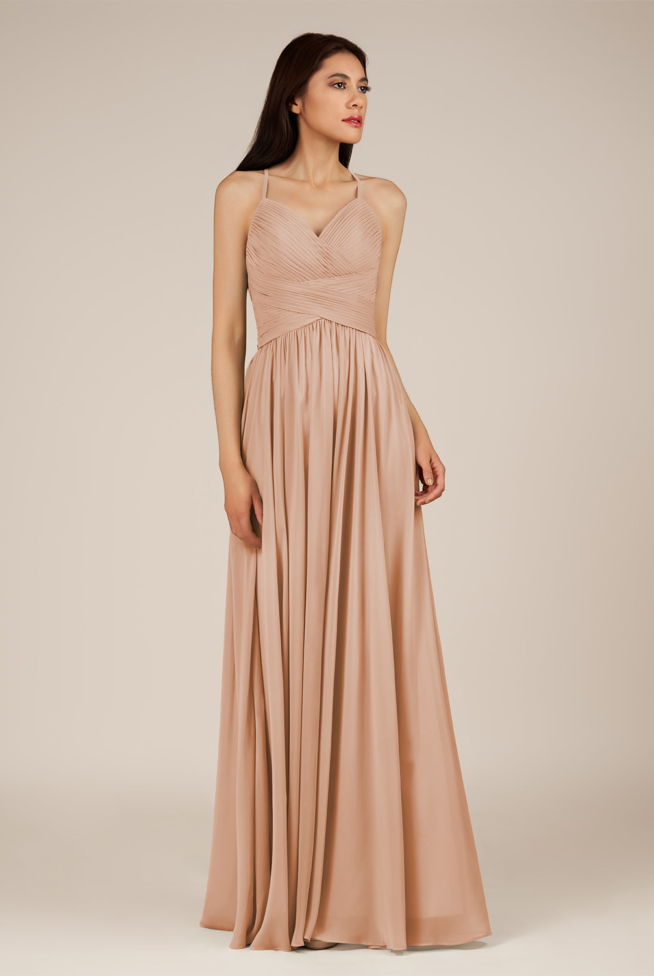KissDress-Nolana Champagne Rose A Line V Neck Chiffon Pleated Long Bridesmaid Dress