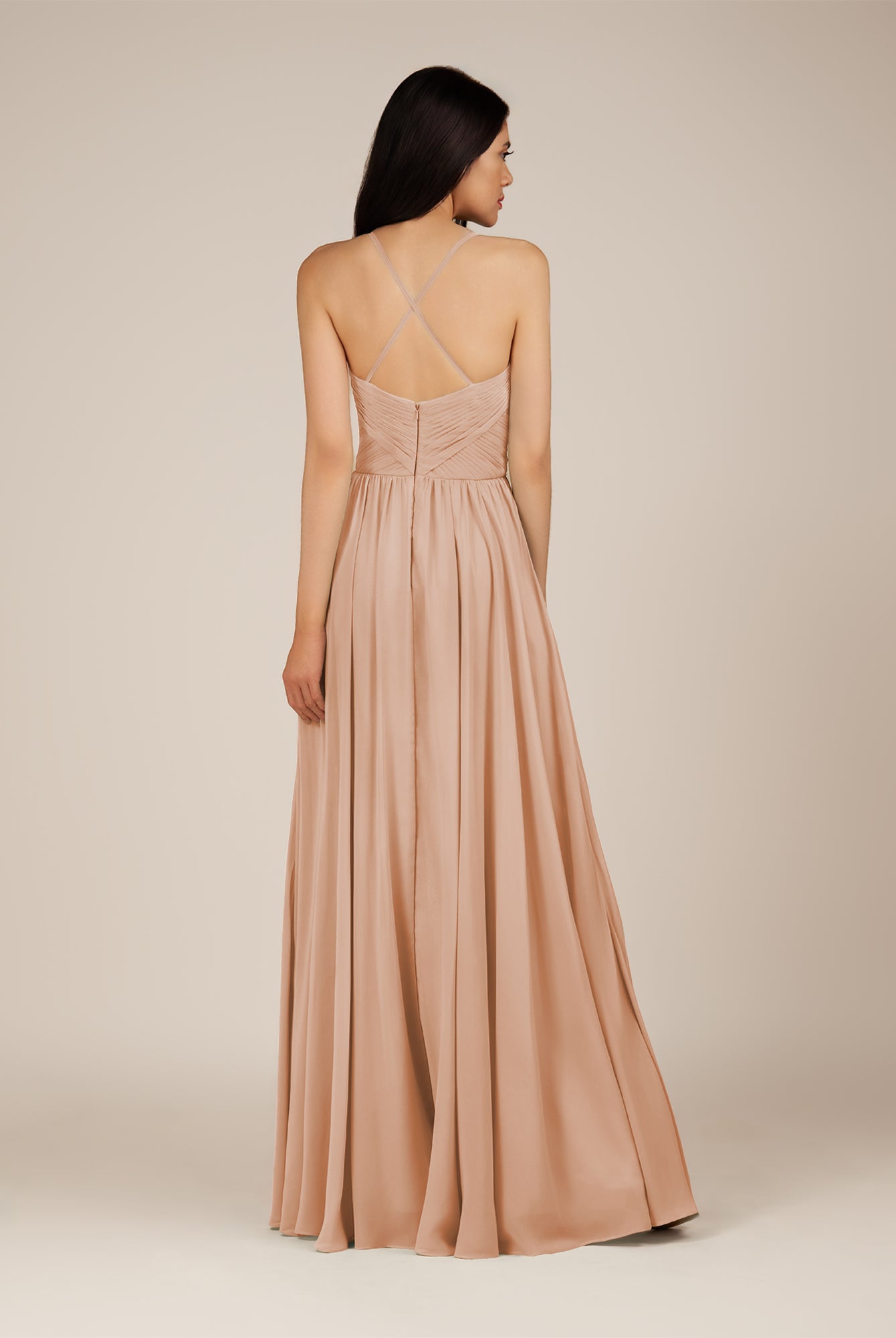 KissDress-Nolana Champagne Rose A Line V Neck Chiffon Pleated Long Bridesmaid Dress