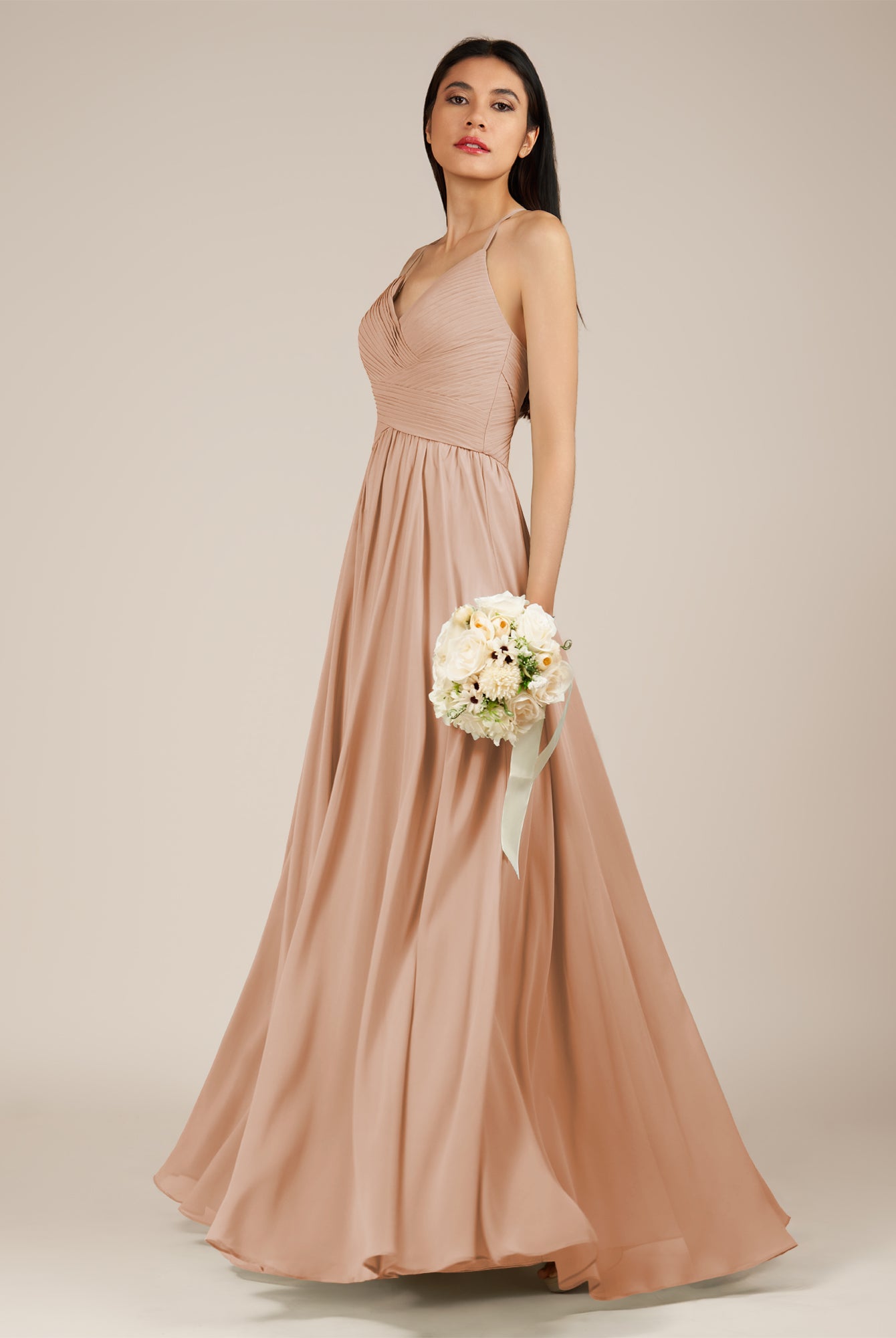 KissDress-Nolana Champagne Rose A Line V Neck Chiffon Pleated Long Bridesmaid Dress
