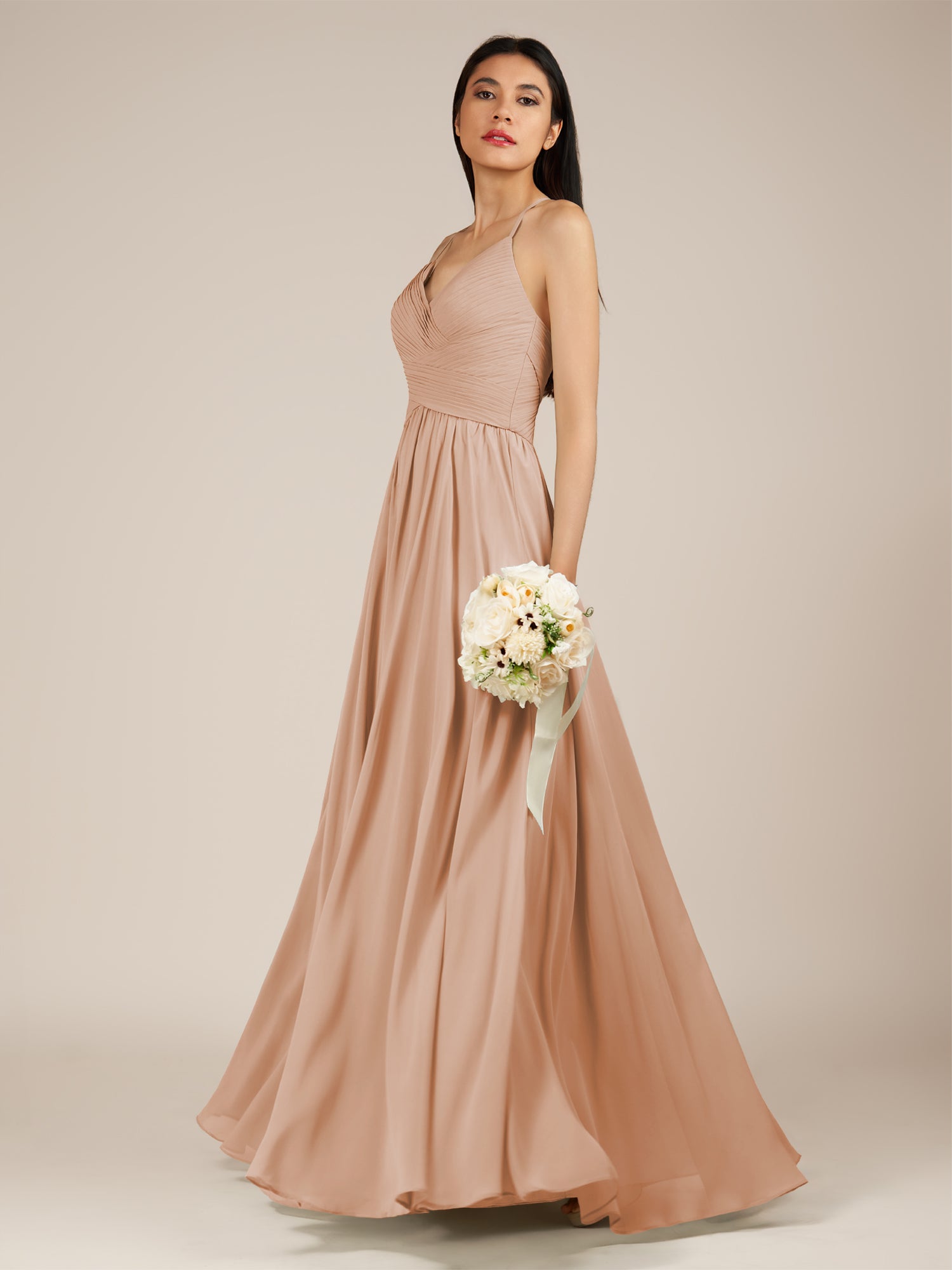 KissDress-Nolana Champagne Rose A Line V Neck Chiffon Pleated Long Bridesmaid Dress