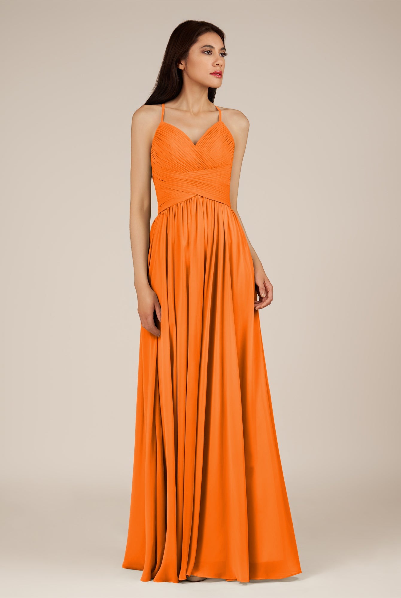 KissDress-Nolana Cinnamon A Line V Neck Chiffon Pleated Long Bridesmaid Dress