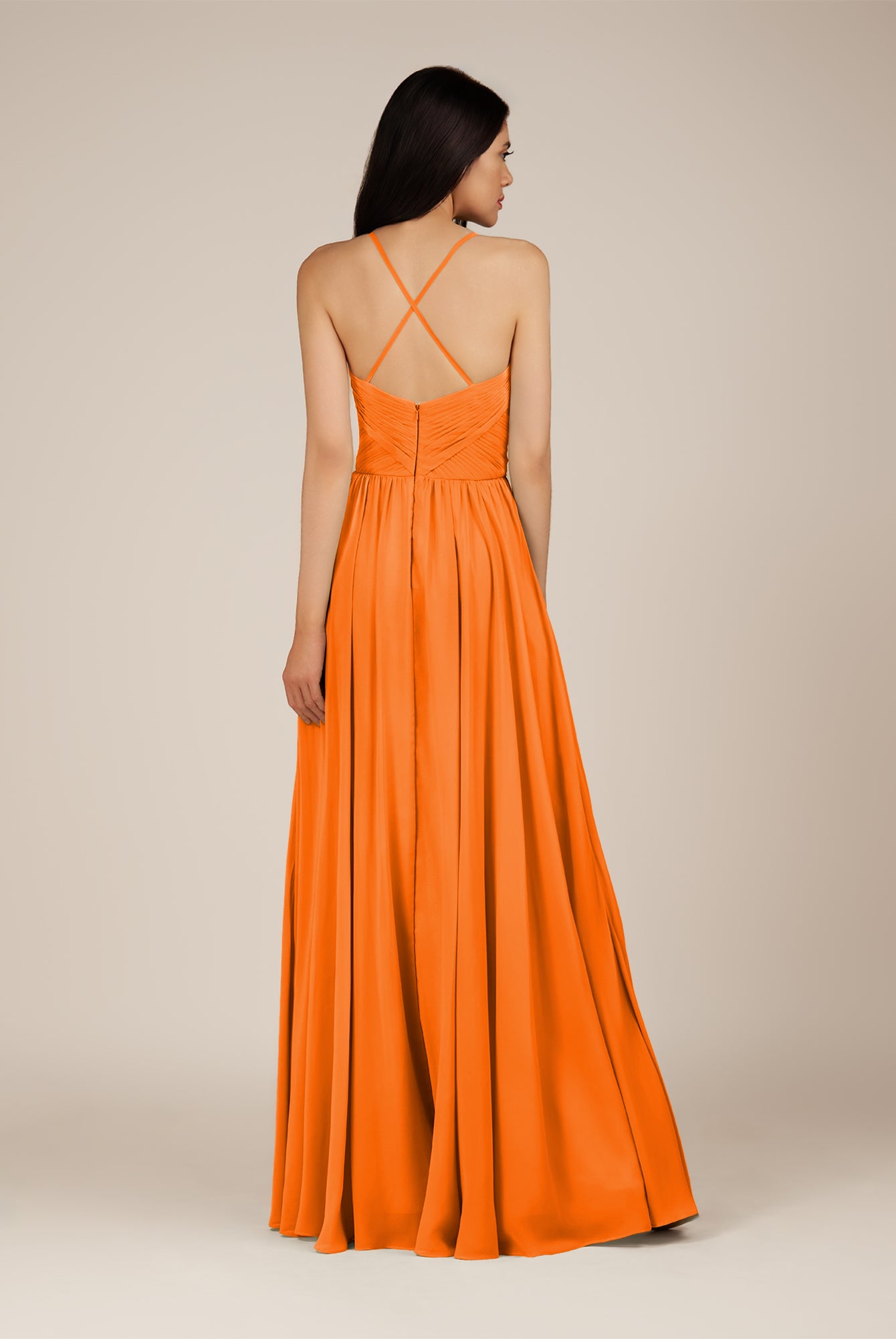 KissDress-Nolana Cinnamon A Line V Neck Chiffon Pleated Long Bridesmaid Dress