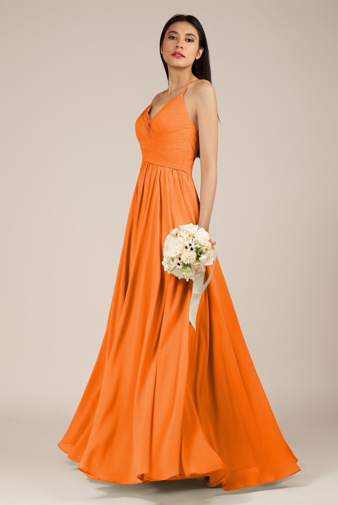 KissDress-Nolana Cinnamon A Line V Neck Chiffon Pleated Long Bridesmaid Dress