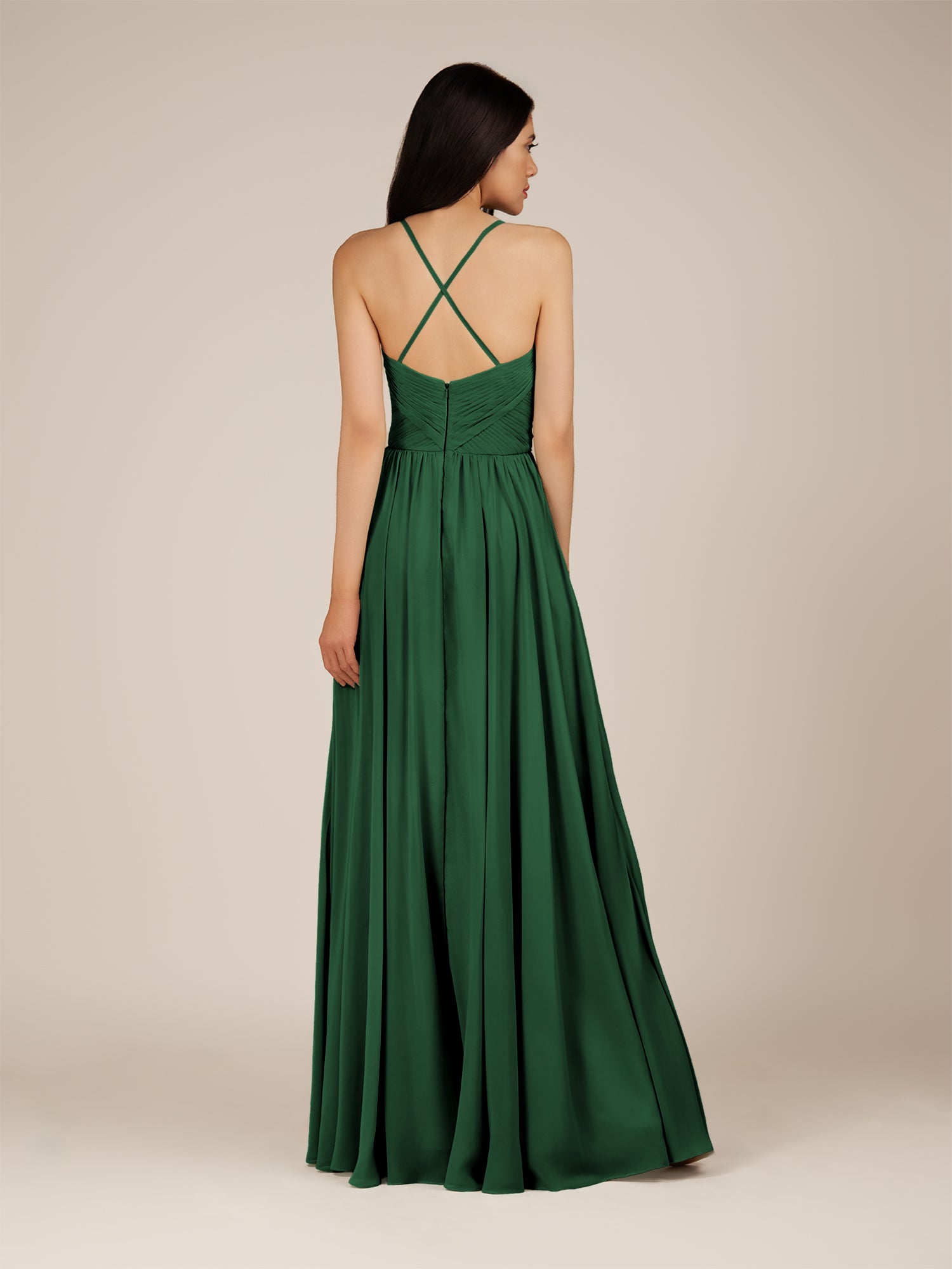 KissDress-Nolana Dark Green A Line V Neck Chiffon Pleated Long Bridesmaid Dress