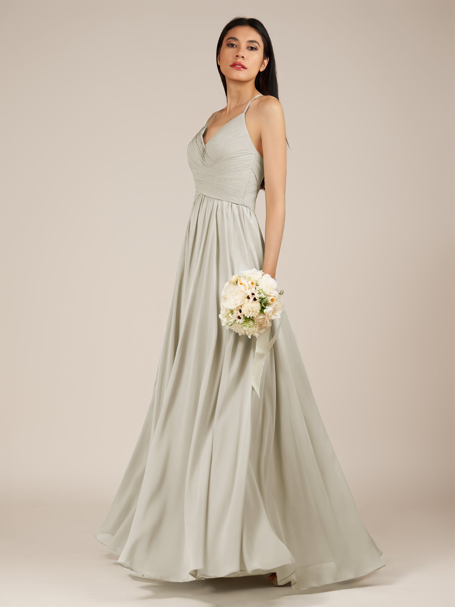 KissDress-Nolana Dove Gray A Line V Neck Chiffon Pleated Long Bridesmaid Dress