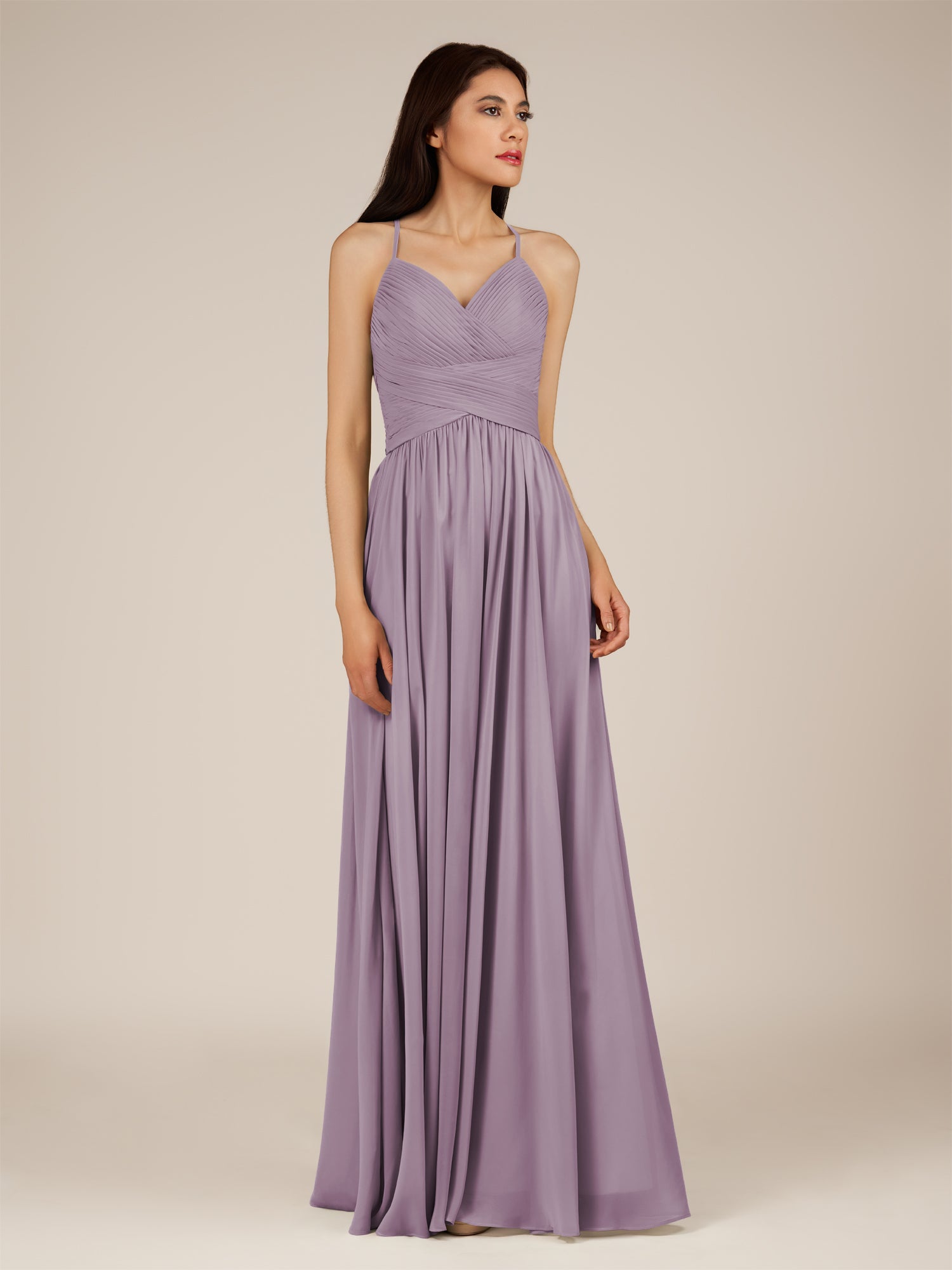 KissDress-Nolana Dusk A Line V Neck Chiffon Pleated Long Bridesmaid Dress