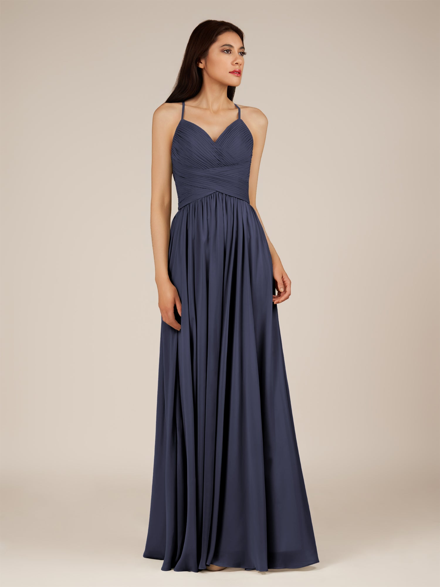 KissDress-Nolana Dusk Blue A Line V Neck Chiffon Pleated Long Bridesmaid Dress