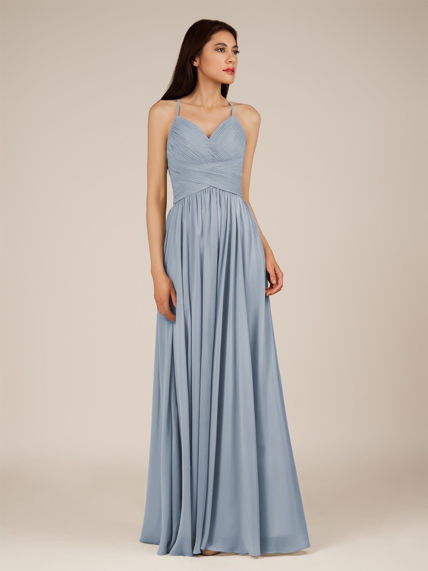 KissDress-Nolana Dusty Blue A Line V Neck Chiffon Pleated Long Bridesmaid Dress