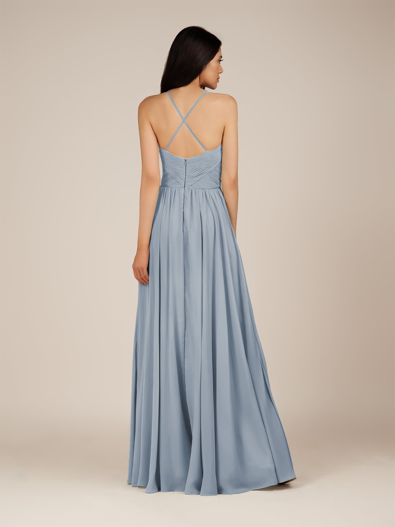 KissDress-Nolana Dusty Blue A Line V Neck Chiffon Pleated Long Bridesmaid Dress