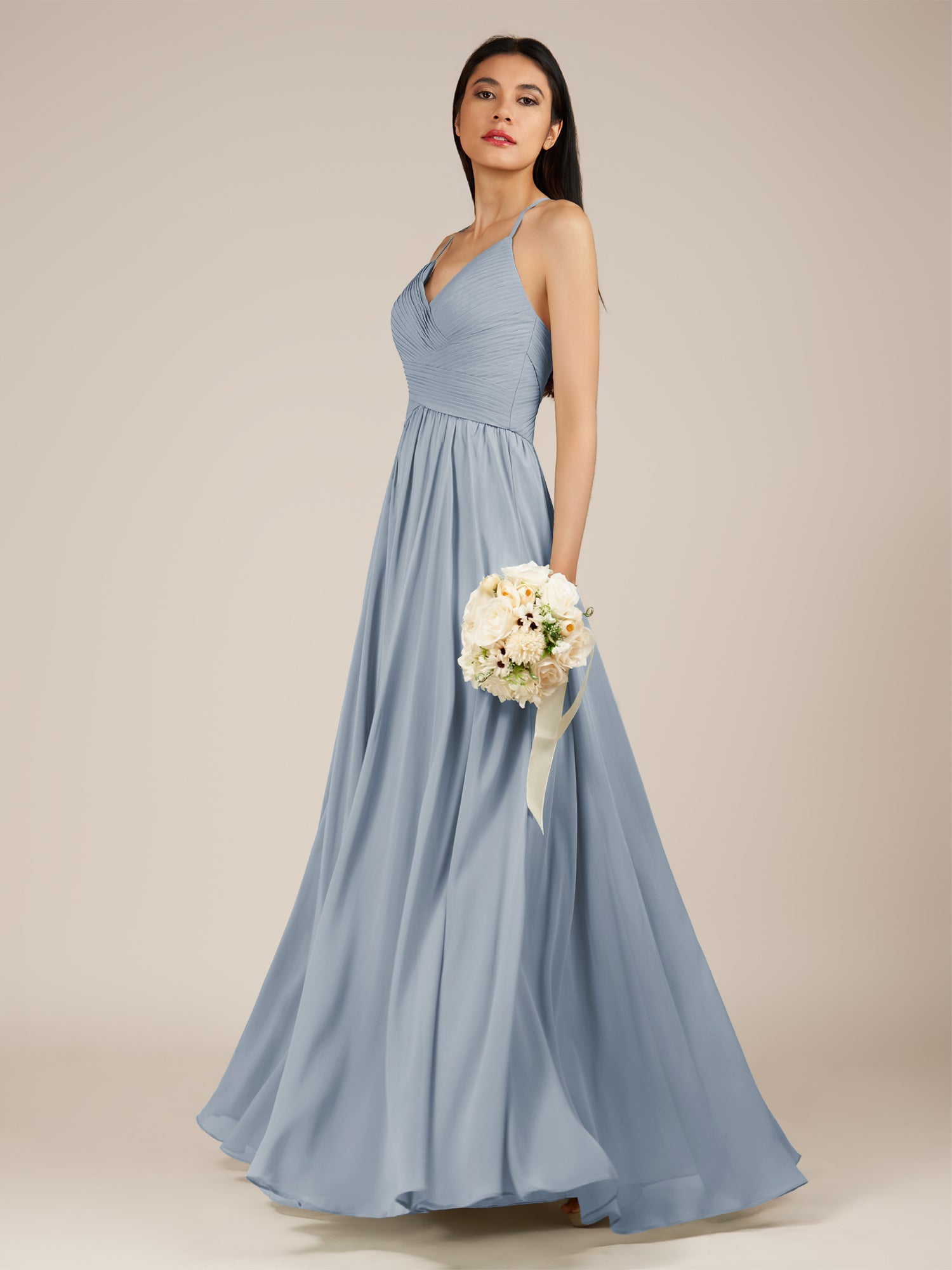 KissDress-Nolana Dusty Blue A Line V Neck Chiffon Pleated Long Bridesmaid Dress