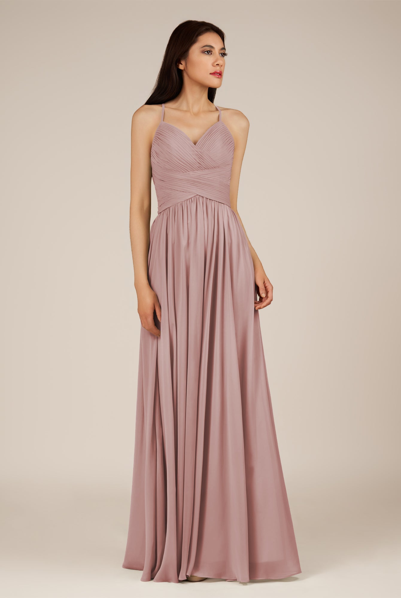 KissDress-Nolana Dusty Rose A Line V Neck Chiffon Pleated Long Bridesmaid Dress