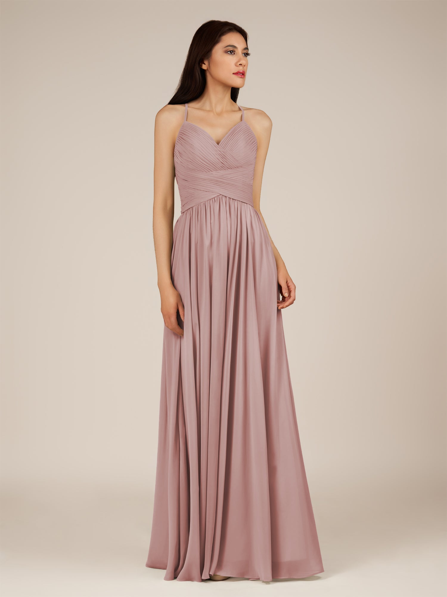 KissDress-Nolana Dusty Rose A Line V Neck Chiffon Pleated Long Bridesmaid Dress