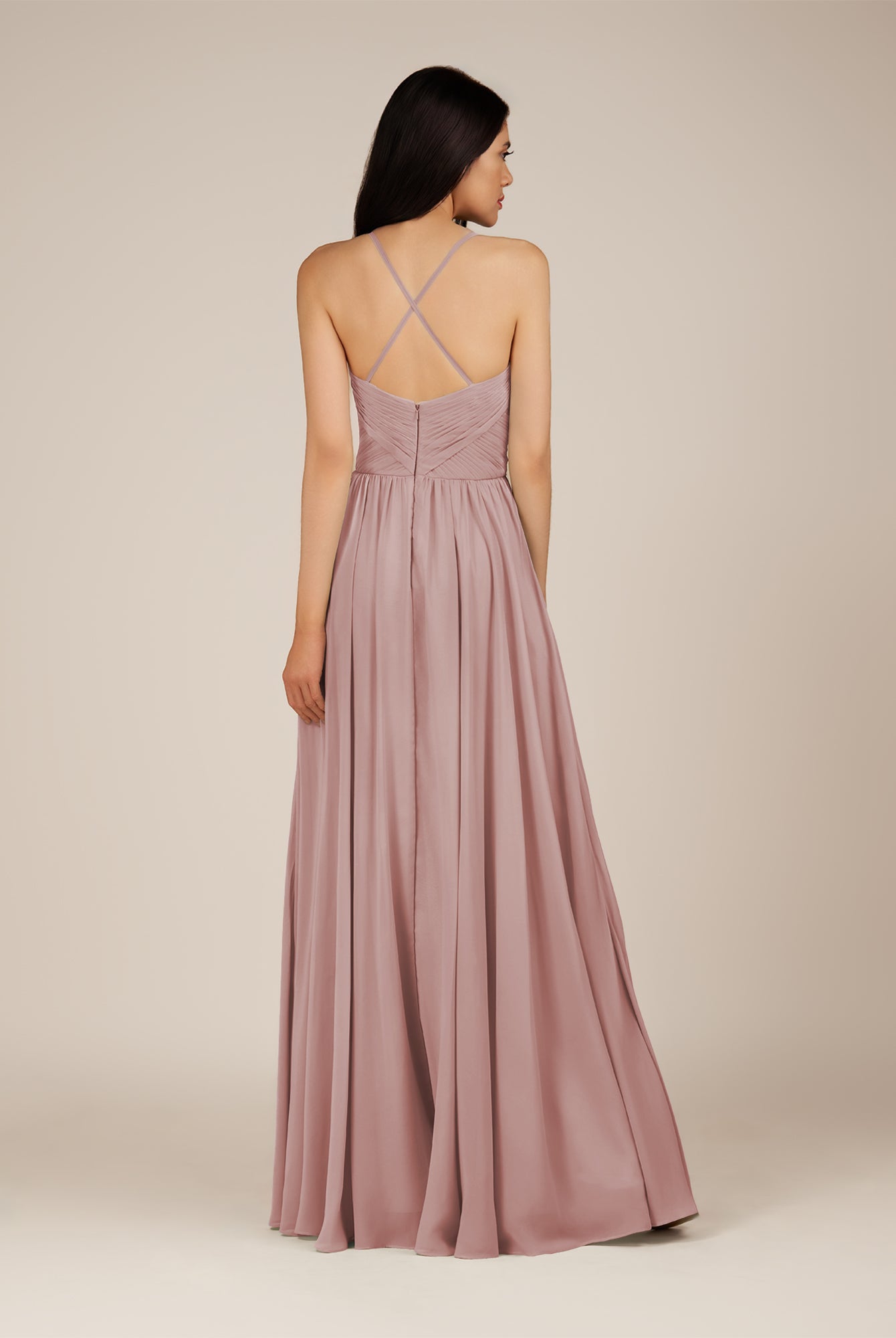 KissDress-Nolana Dusty Rose A Line V Neck Chiffon Pleated Long Bridesmaid Dress