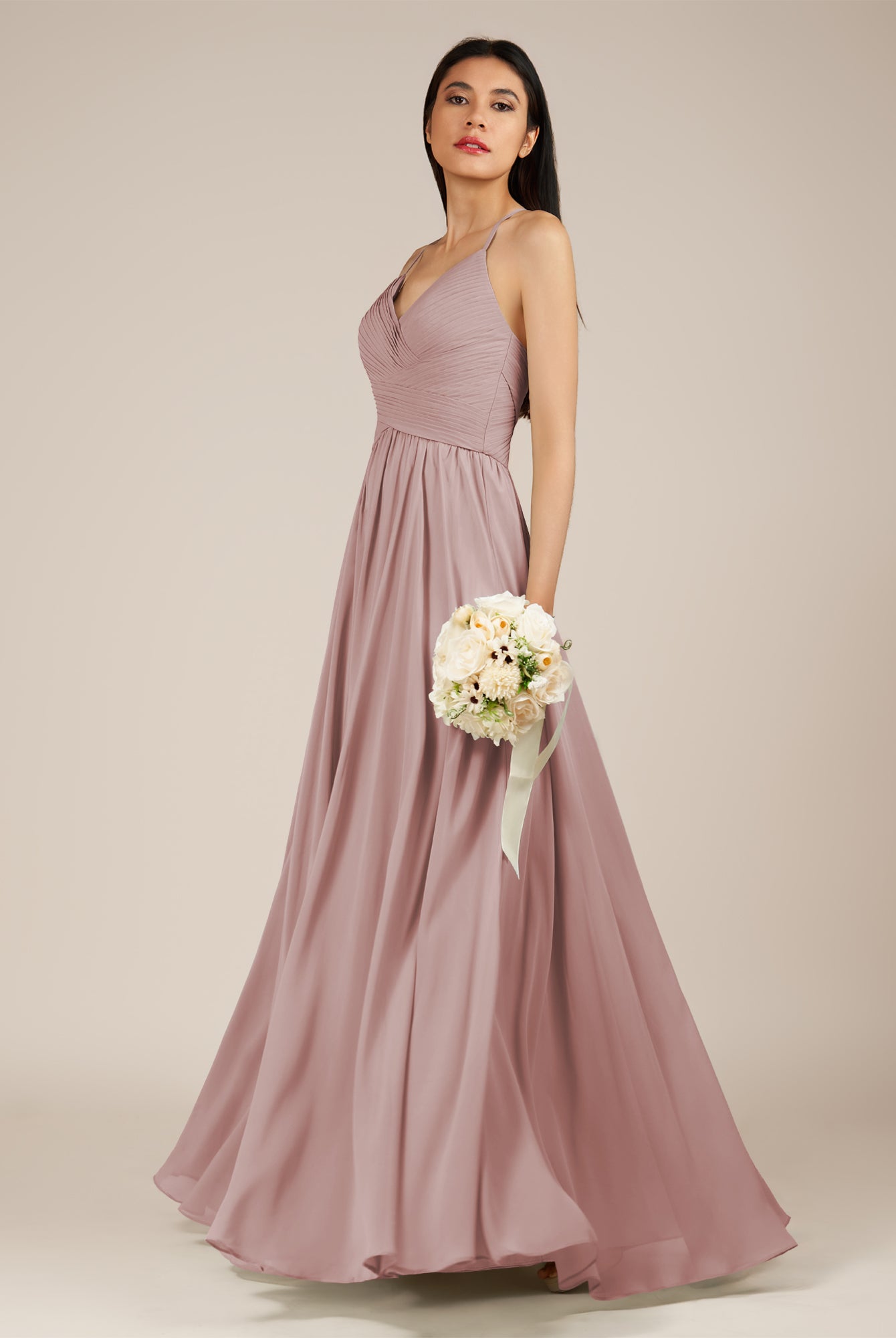 KissDress-Nolana Dusty Rose A Line V Neck Chiffon Pleated Long Bridesmaid Dress