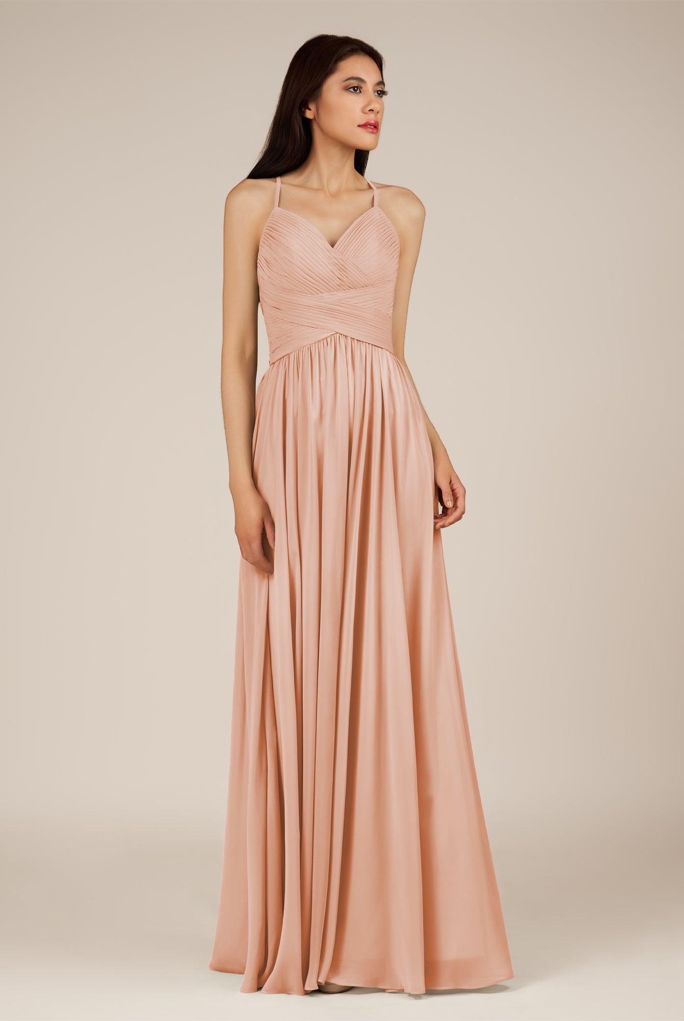 KissDress-Nolana English Rose A Line V Neck Chiffon Pleated Long Bridesmaid Dress