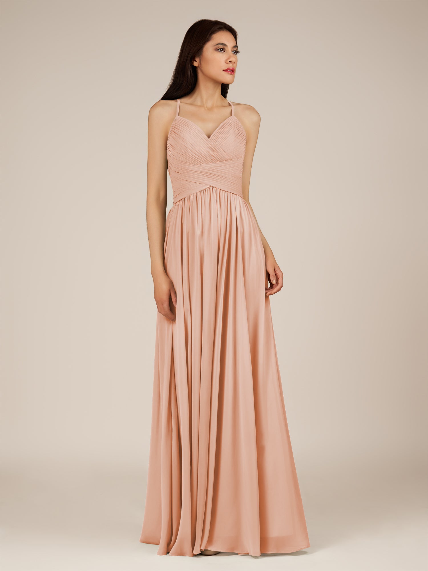 KissDress-Nolana English Rose A Line V Neck Chiffon Pleated Long Bridesmaid Dress