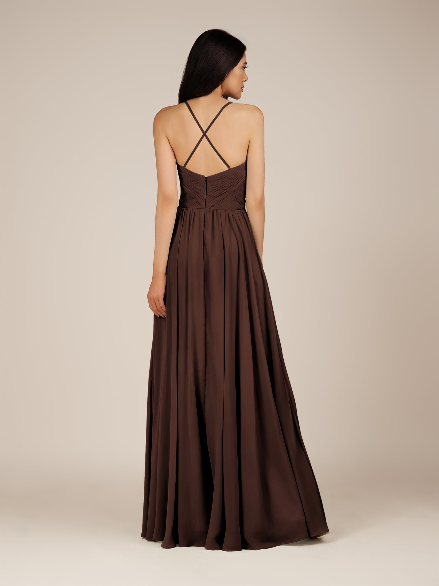 KissDress-Nolana Espresso A Line V Neck Chiffon Pleated Long Bridesmaid Dress