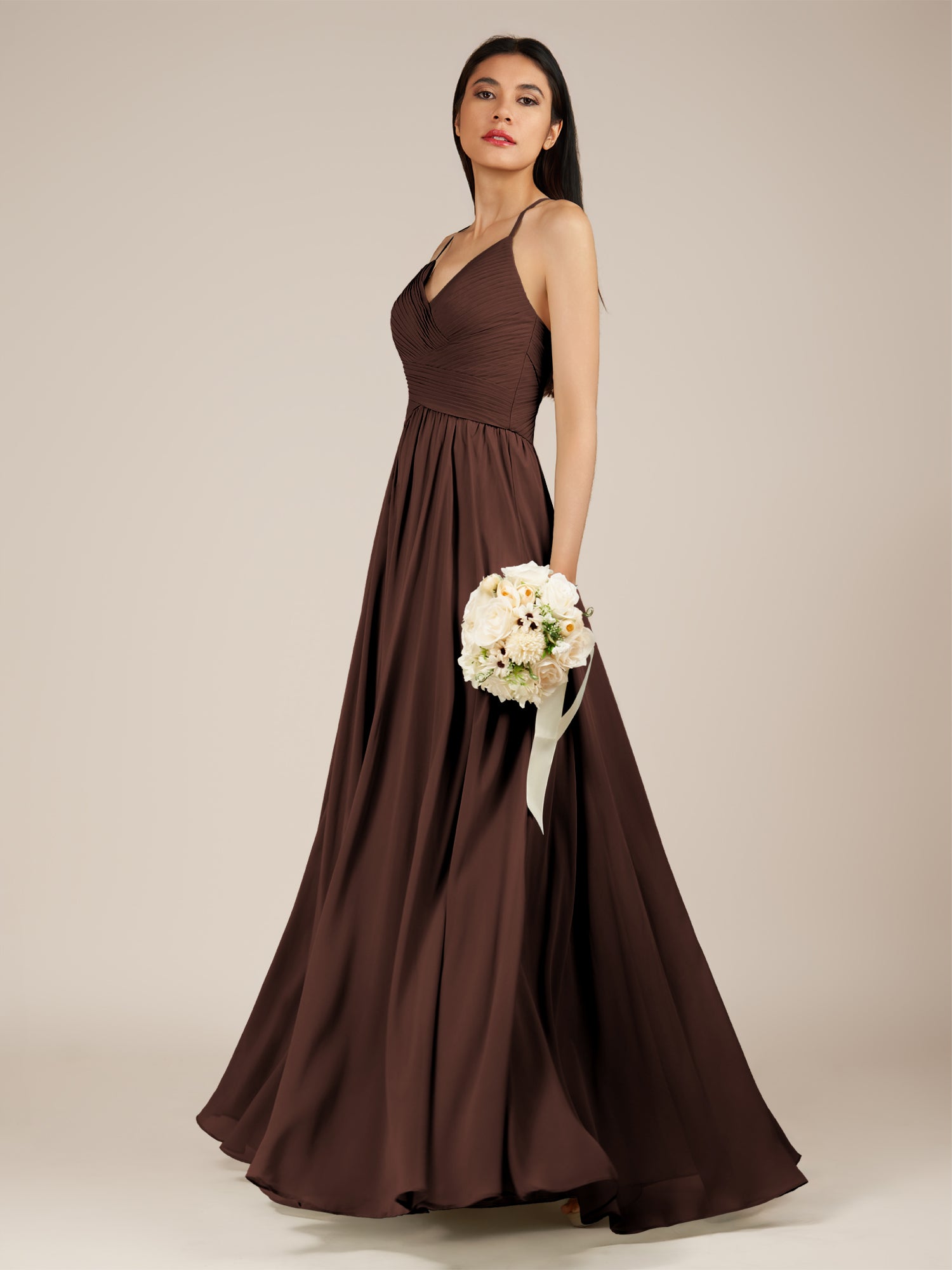 KissDress-Nolana Espresso A Line V Neck Chiffon Pleated Long Bridesmaid Dress