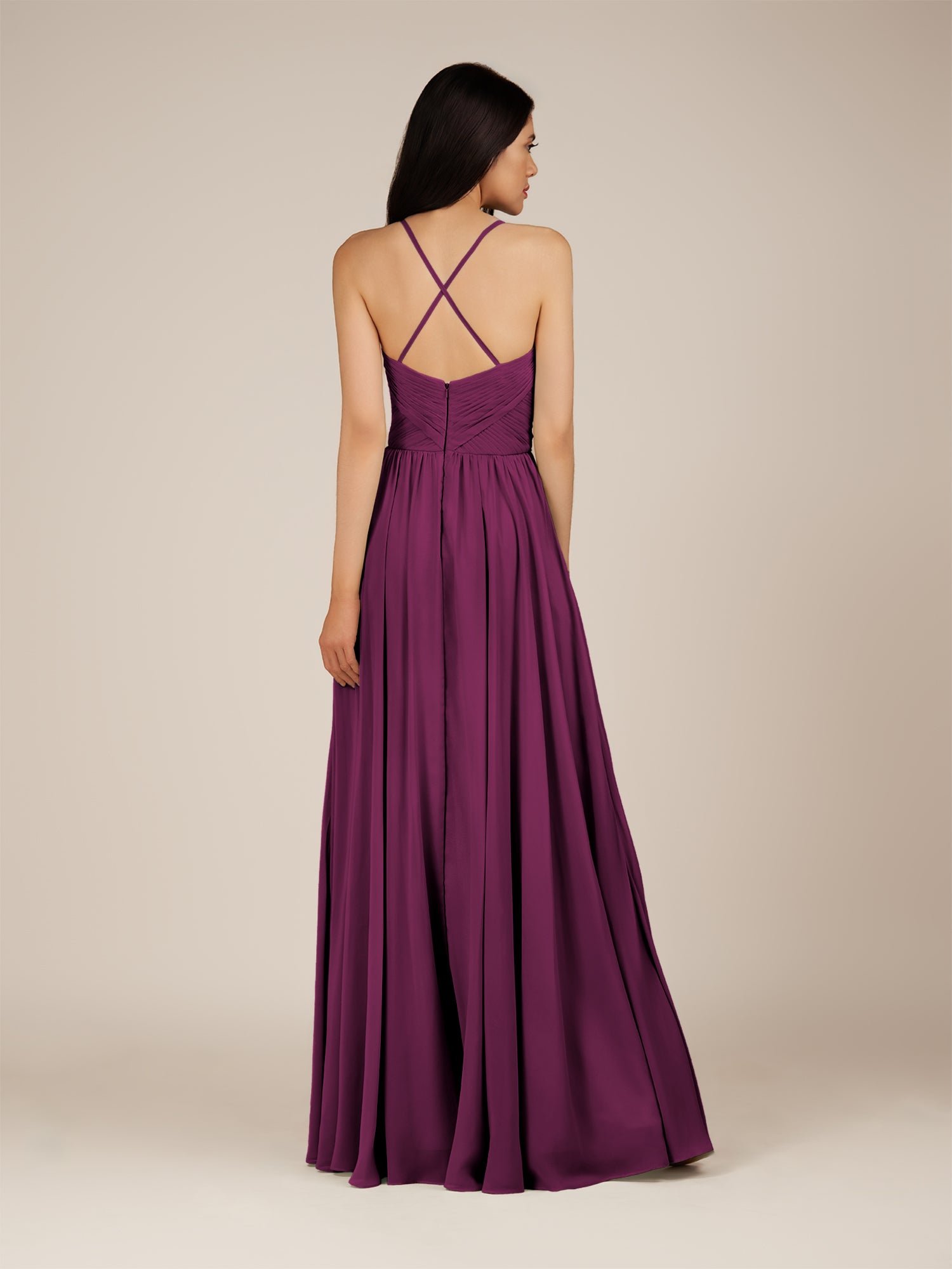 KissDress-Nolana Fig A Line V Neck Chiffon Pleated Long Bridesmaid Dress