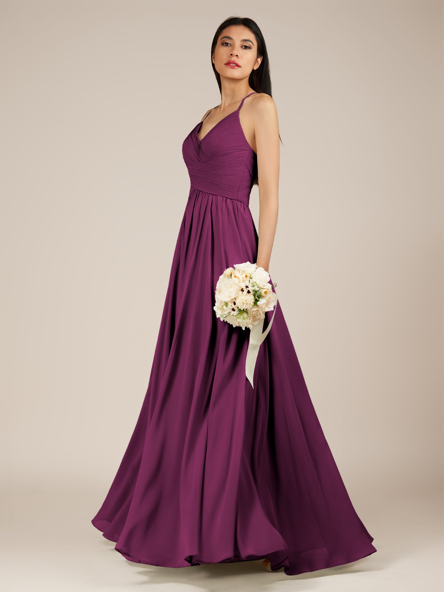 KissDress-Nolana Fig A Line V Neck Chiffon Pleated Long Bridesmaid Dress