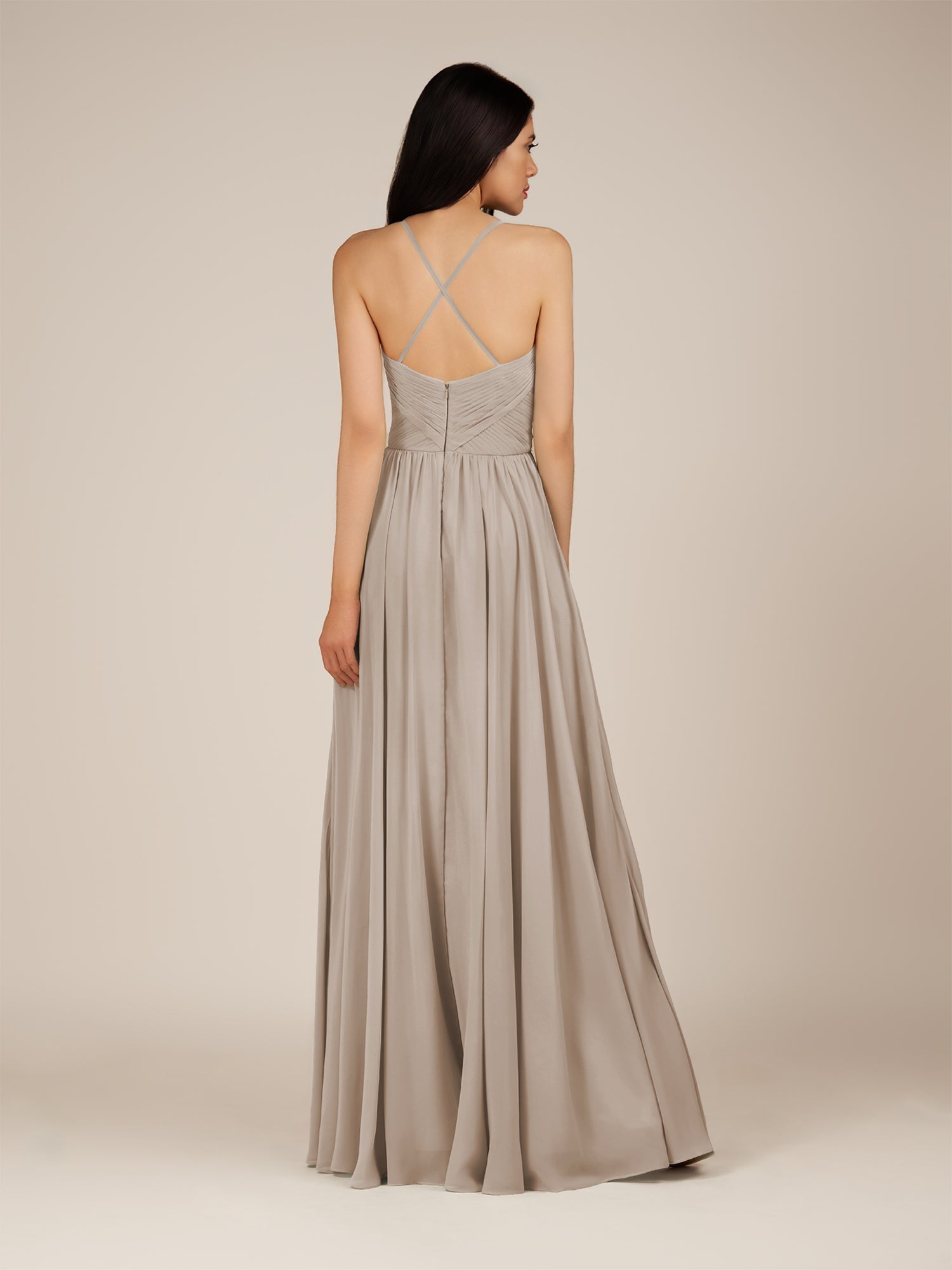 KissDress-Nolana Frost A Line V Neck Chiffon Pleated Long Bridesmaid Dress