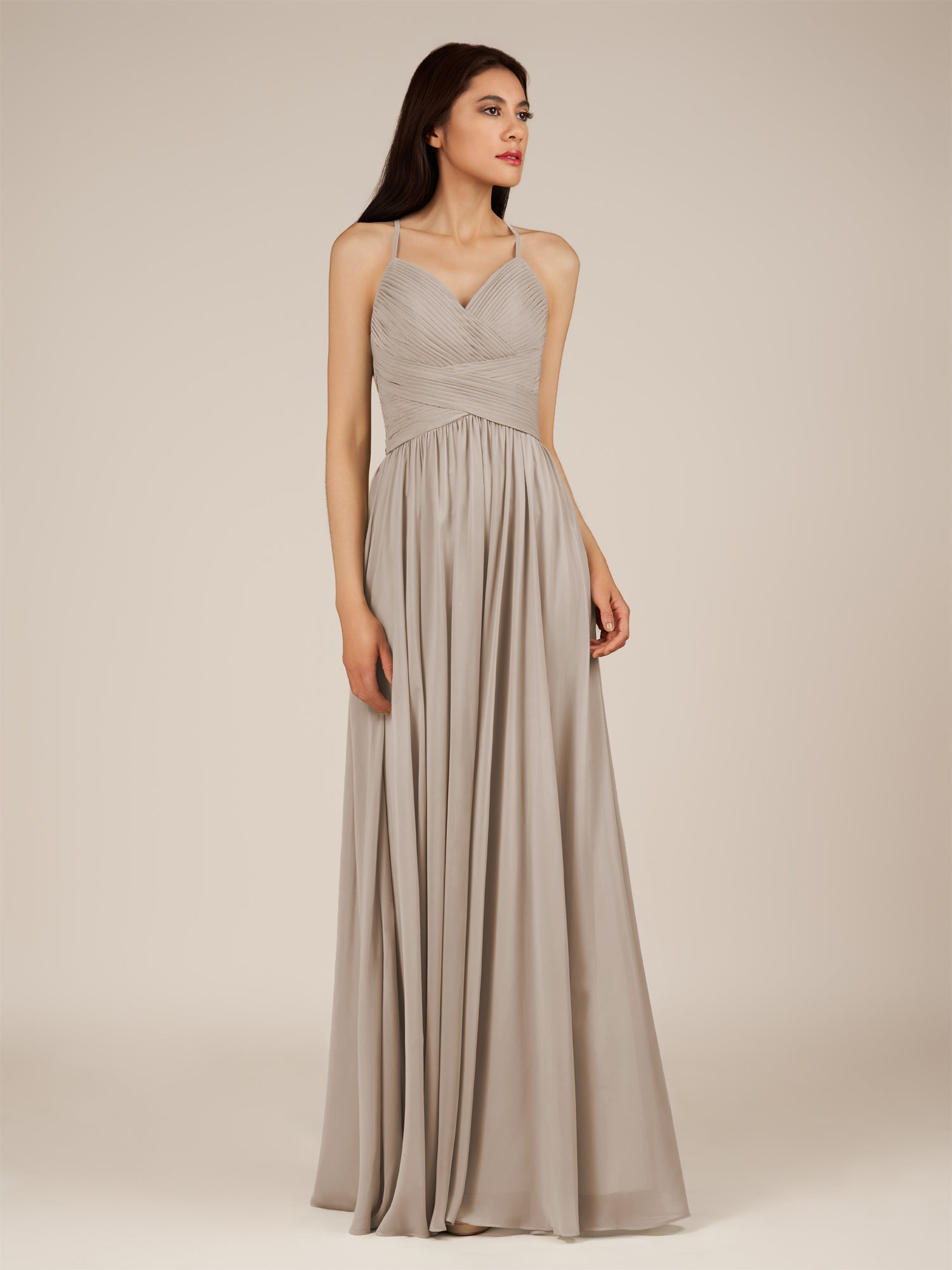 KissDress-Nolana Frost A Line V Neck Chiffon Pleated Long Bridesmaid Dress
