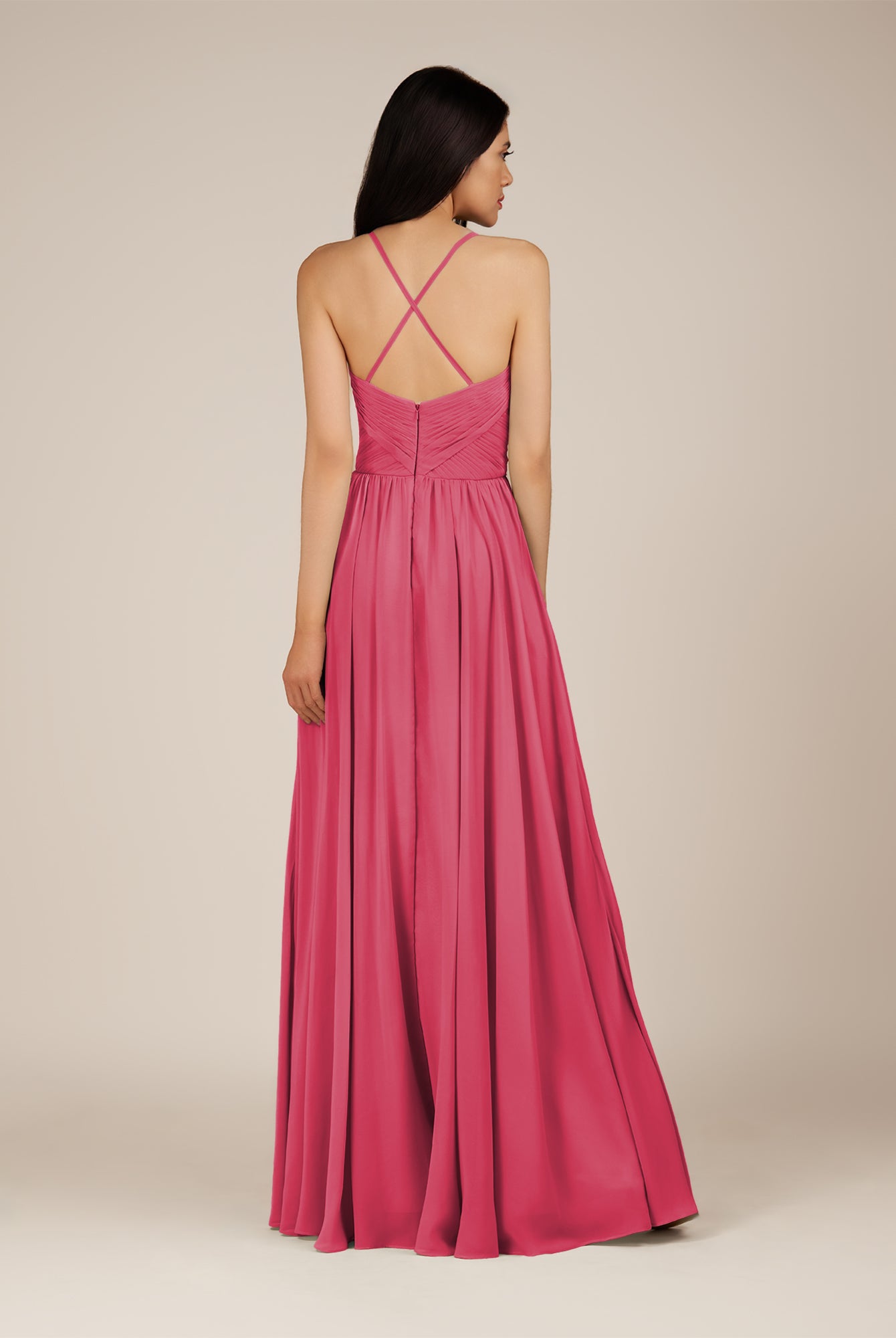 KissDress-Nolana Fuchsia A Line V Neck Chiffon Pleated Long Bridesmaid Dress