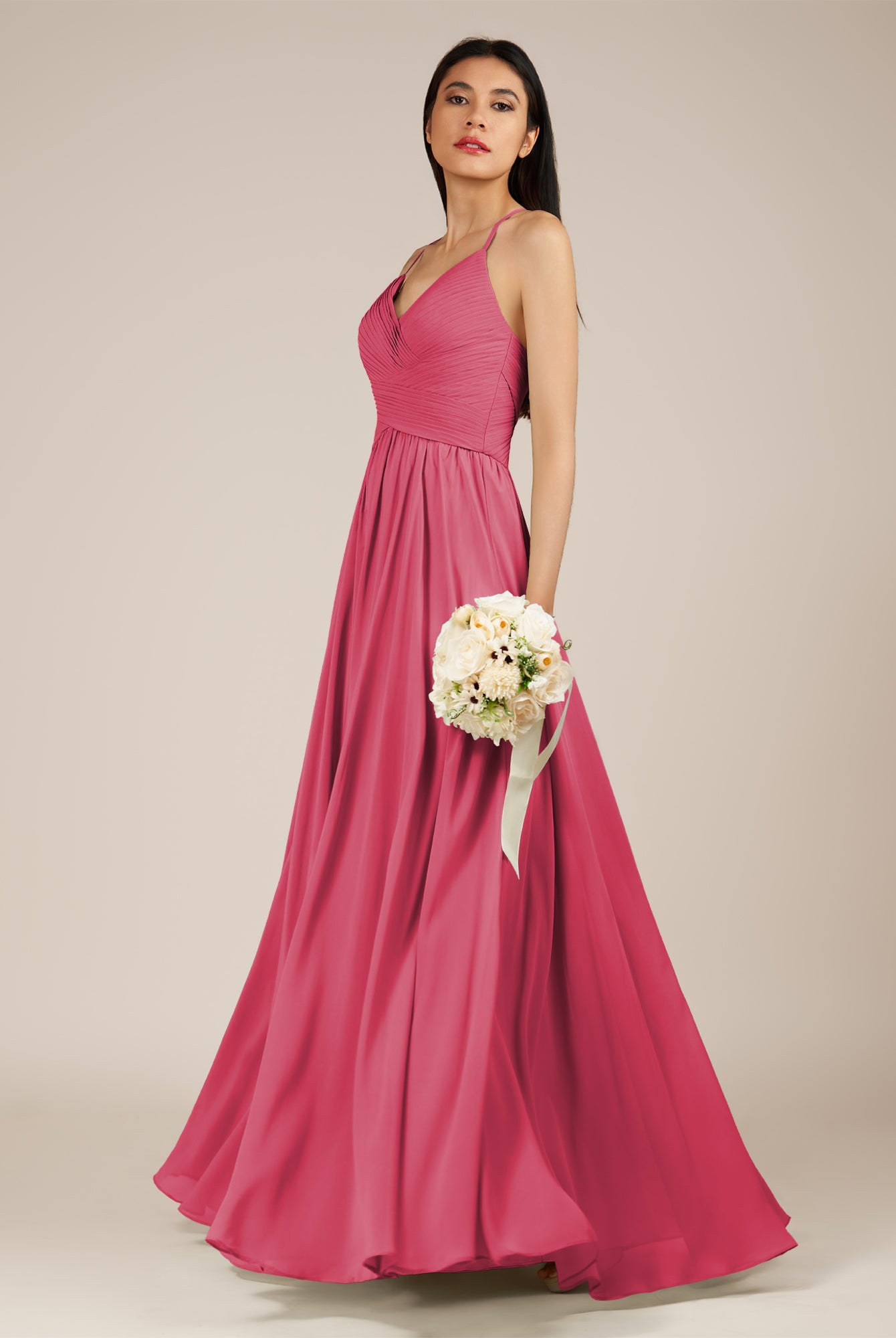 KissDress-Nolana Fuchsia A Line V Neck Chiffon Pleated Long Bridesmaid Dress