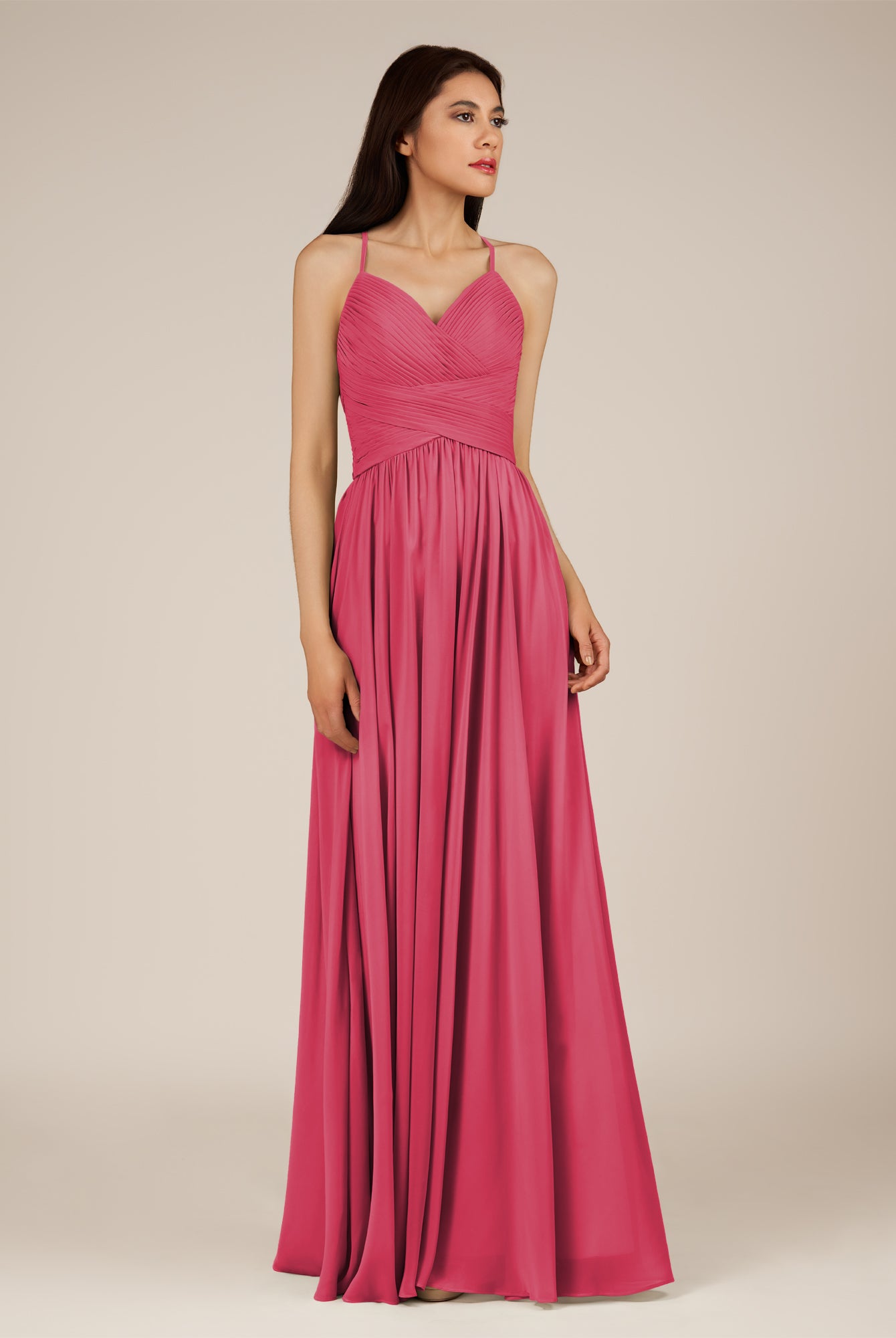 KissDress-Nolana Fuchsia A Line V Neck Chiffon Pleated Long Bridesmaid Dress