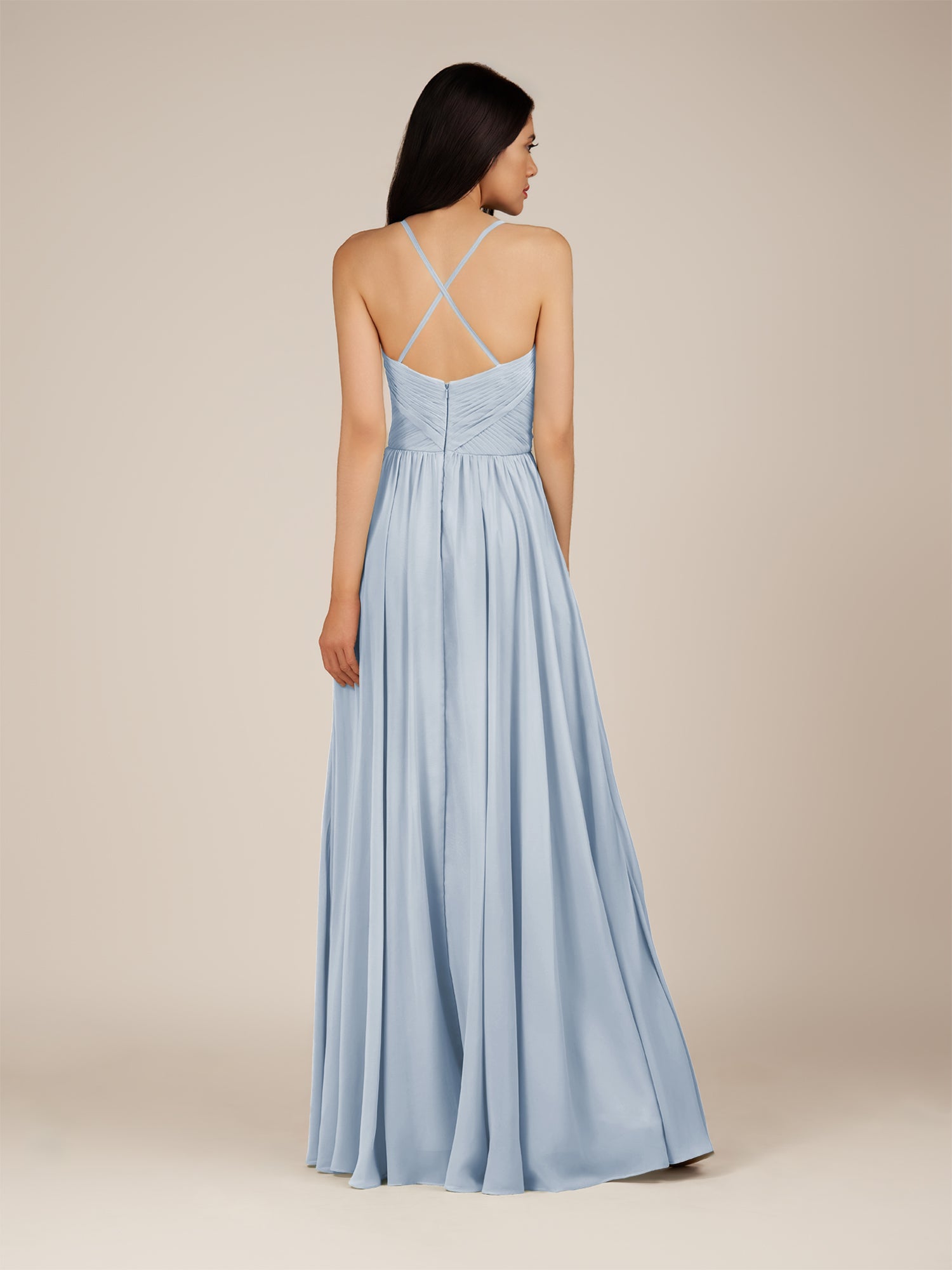 KissDress-Nolana Ice A Line V Neck Chiffon Pleated Long Bridesmaid Dress
