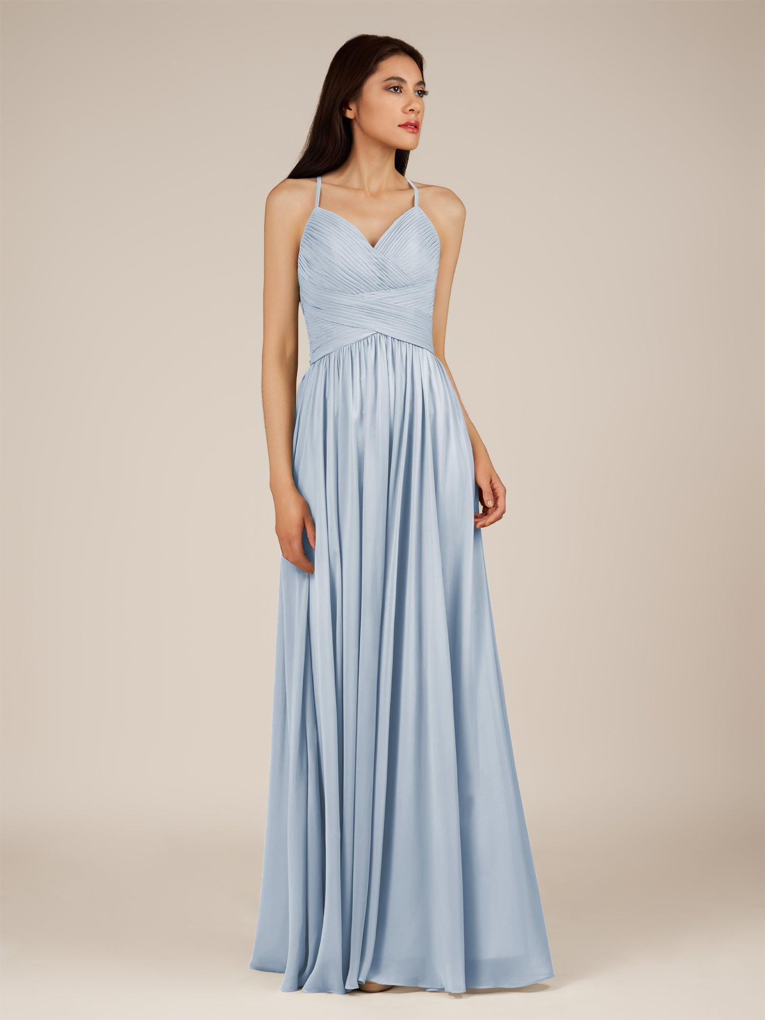 KissDress-Nolana Ice A Line V Neck Chiffon Pleated Long Bridesmaid Dress