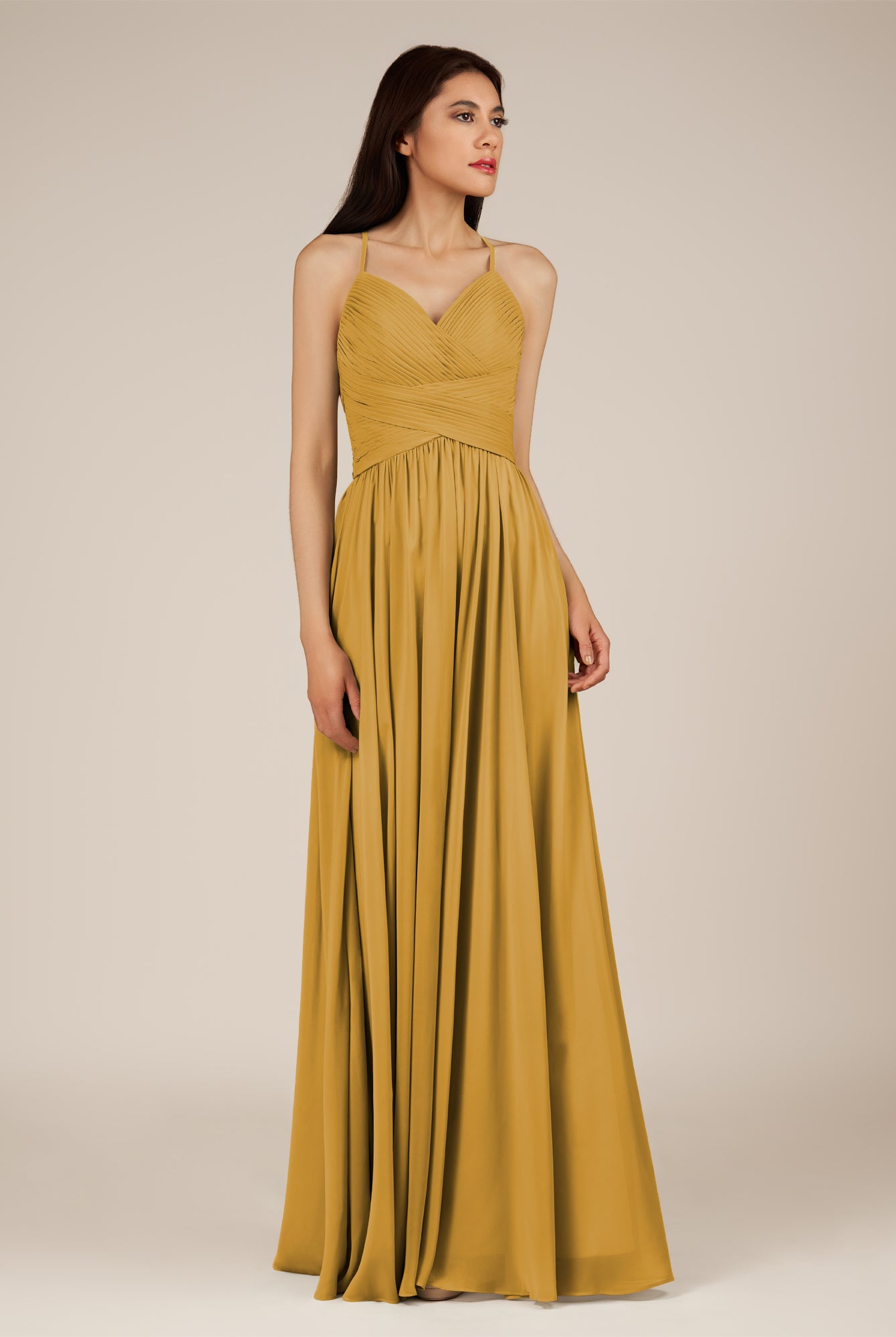 KissDress-Nolana Marigold A Line V Neck Chiffon Pleated Long Bridesmaid Dress