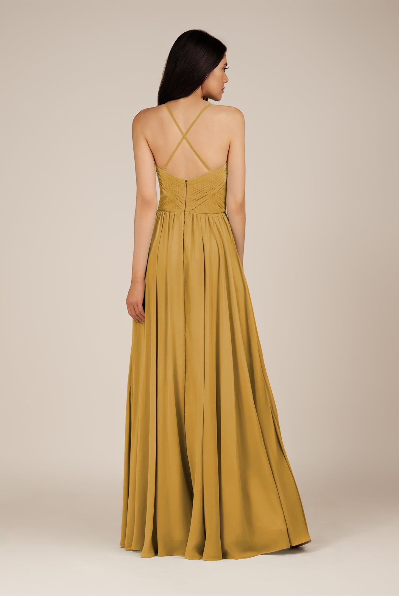 KissDress-Nolana Marigold A Line V Neck Chiffon Pleated Long Bridesmaid Dress