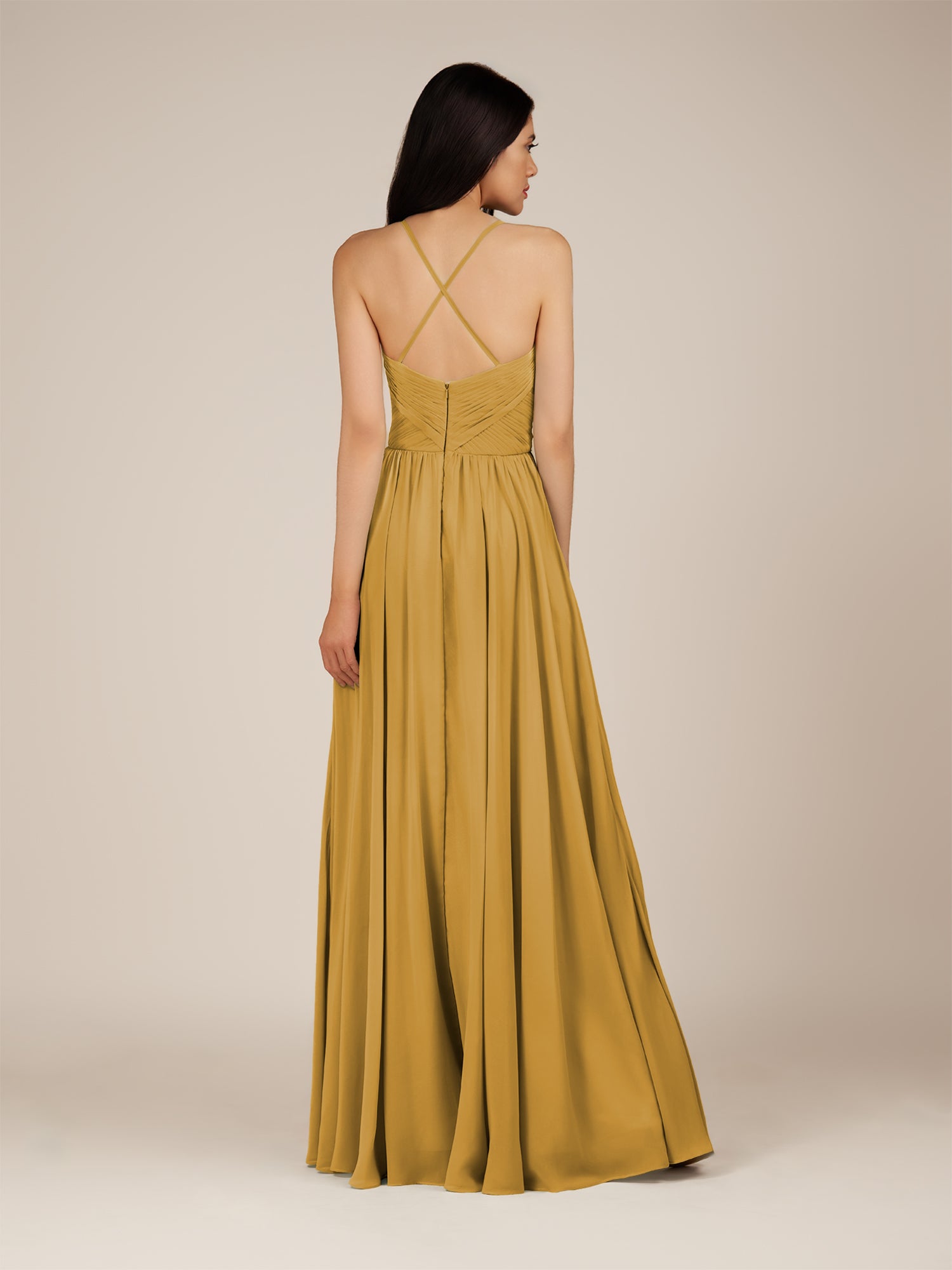KissDress-Nolana Marigold A Line V Neck Chiffon Pleated Long Bridesmaid Dress