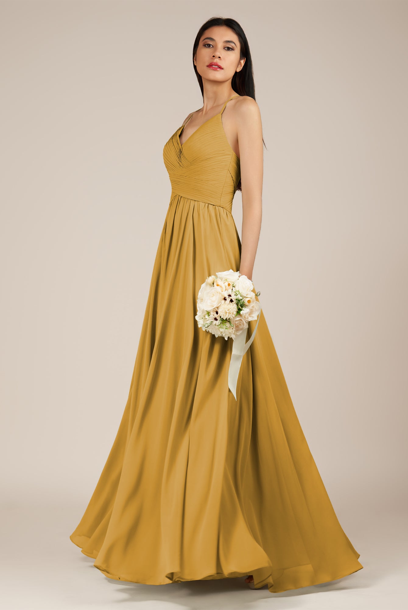 KissDress-Nolana Marigold A Line V Neck Chiffon Pleated Long Bridesmaid Dress