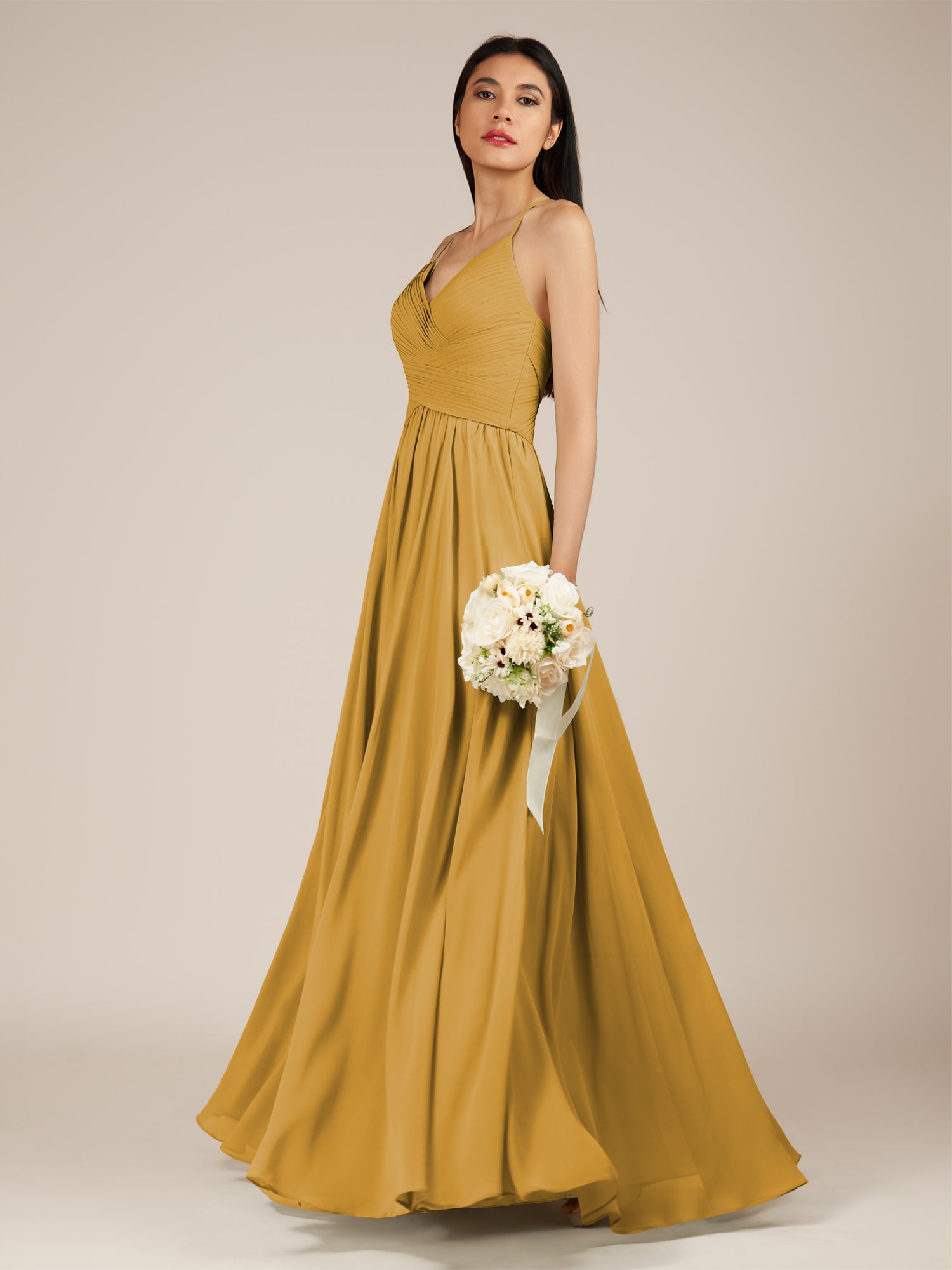 KissDress-Nolana Marigold A Line V Neck Chiffon Pleated Long Bridesmaid Dress