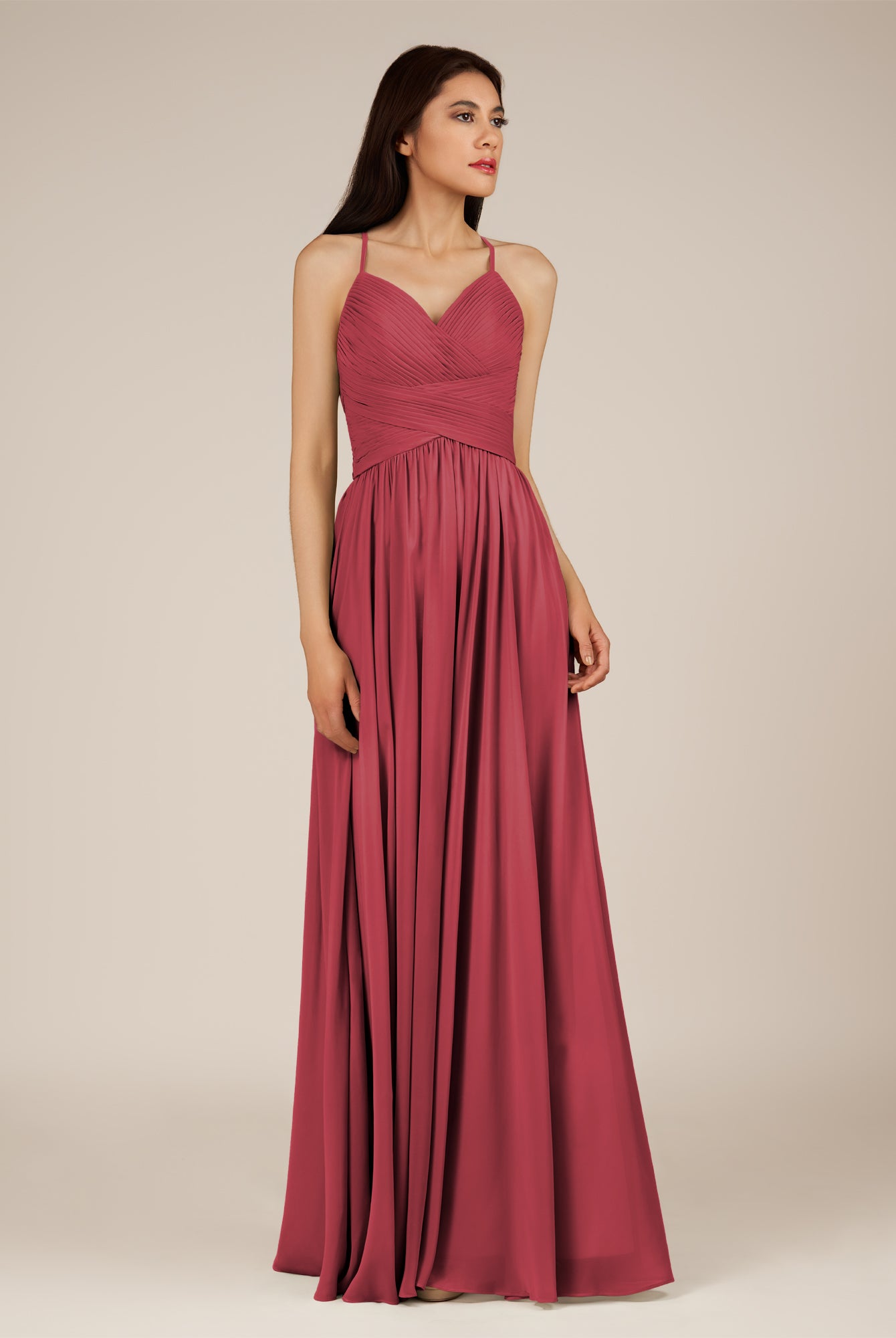 KissDress-Nolana Merlot A Line V Neck Chiffon Pleated Long Bridesmaid Dress