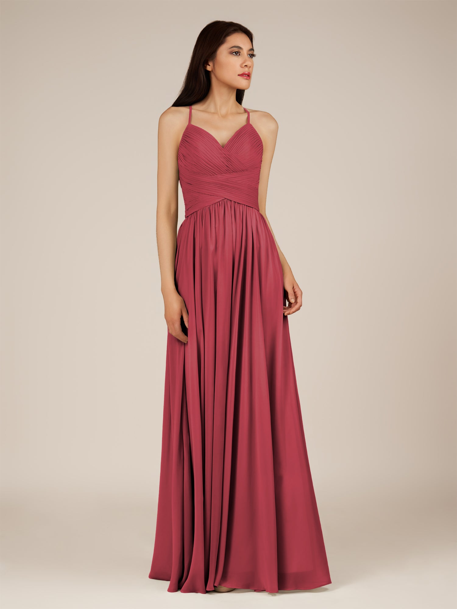 KissDress-Nolana Merlot A Line V Neck Chiffon Pleated Long Bridesmaid Dress