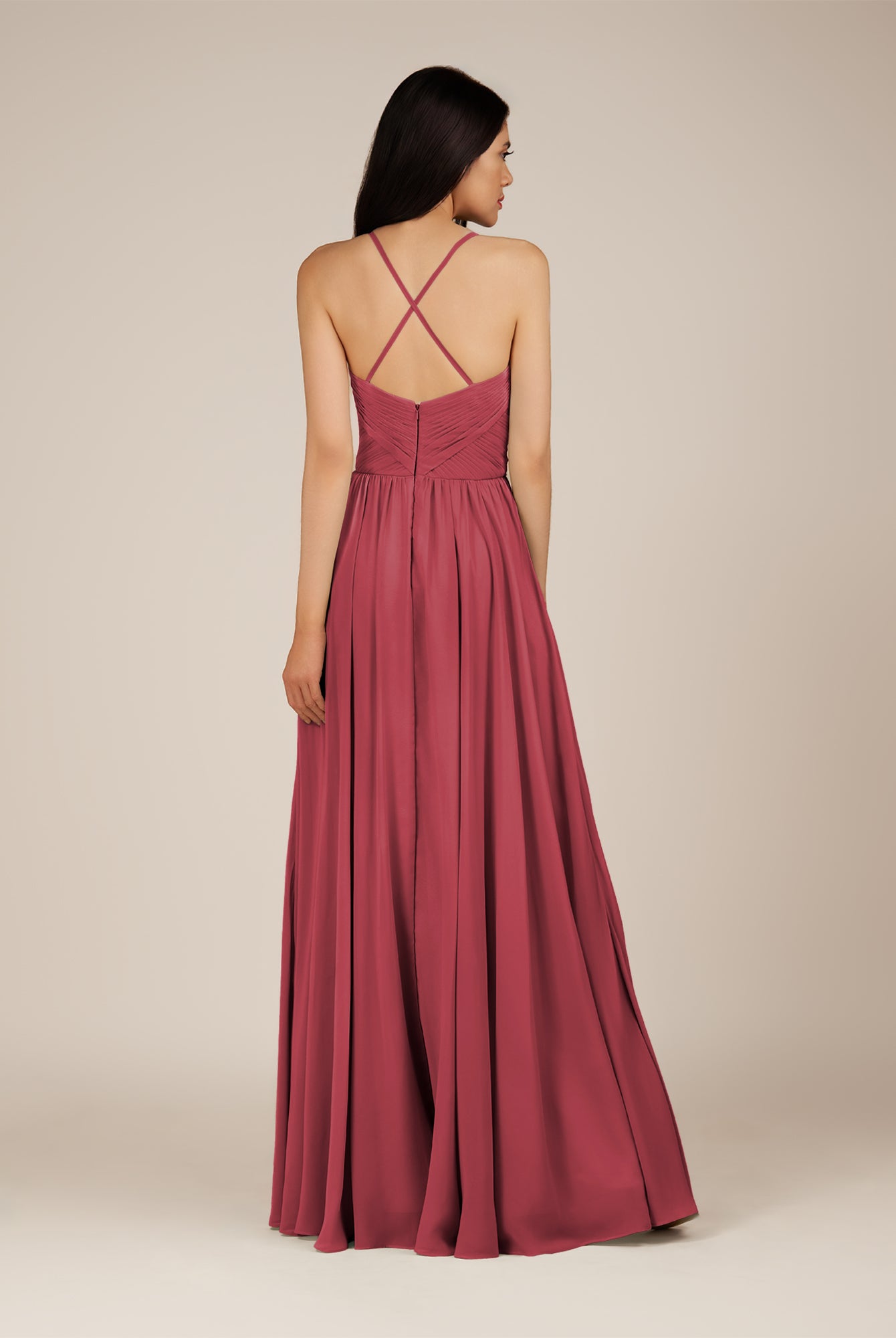 KissDress-Nolana Merlot A Line V Neck Chiffon Pleated Long Bridesmaid Dress