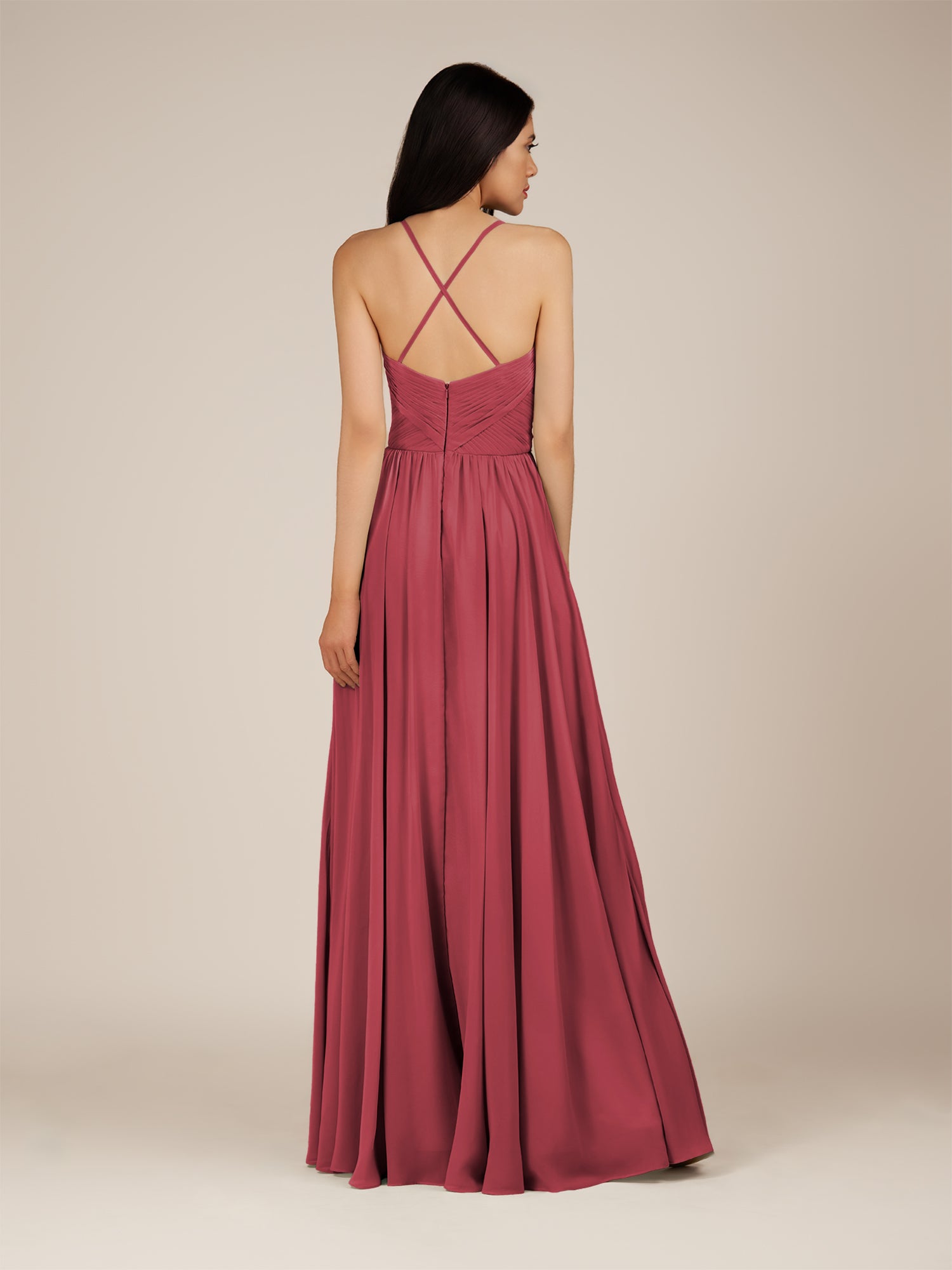 KissDress-Nolana Merlot A Line V Neck Chiffon Pleated Long Bridesmaid Dress