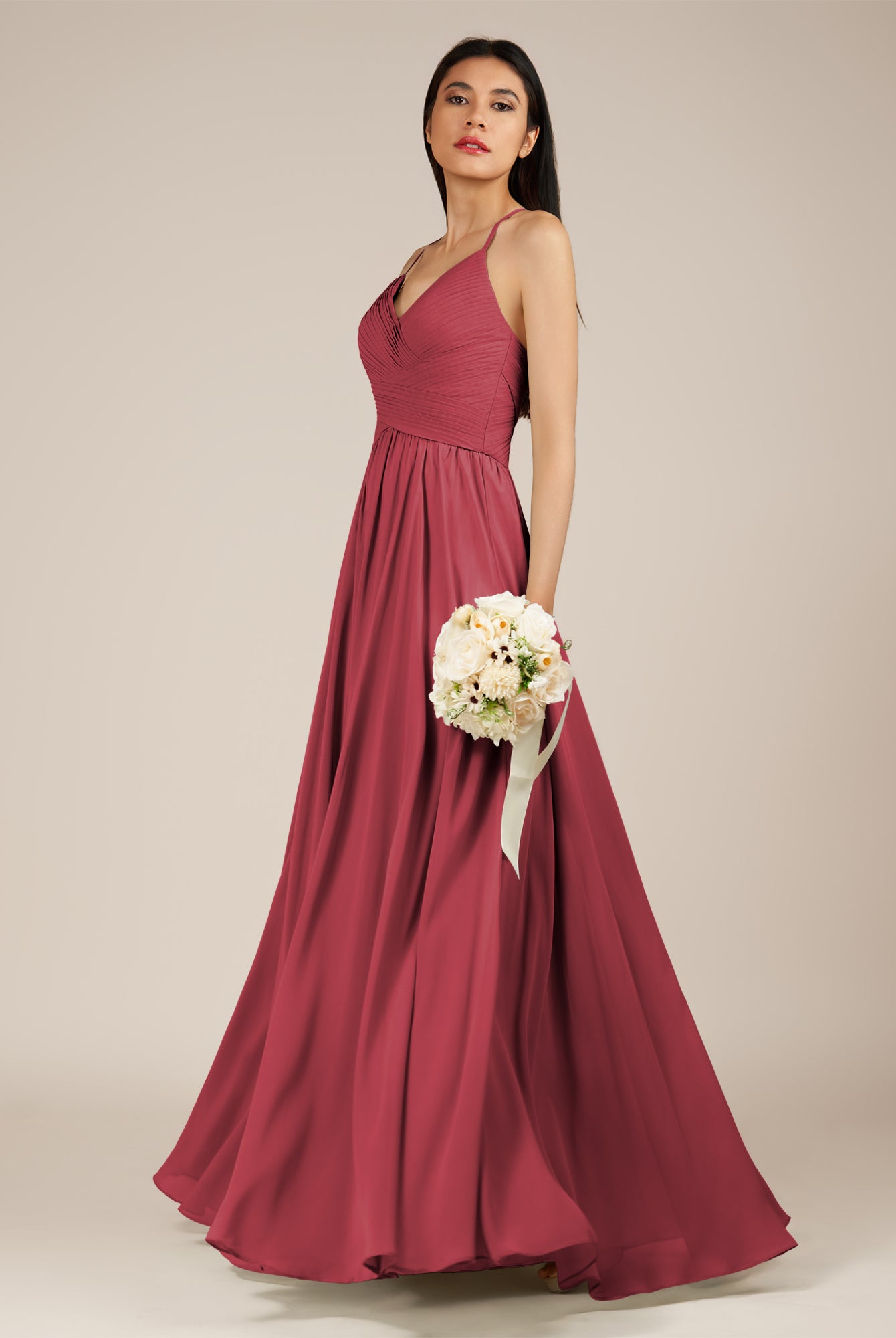 KissDress-Nolana Merlot A Line V Neck Chiffon Pleated Long Bridesmaid Dress
