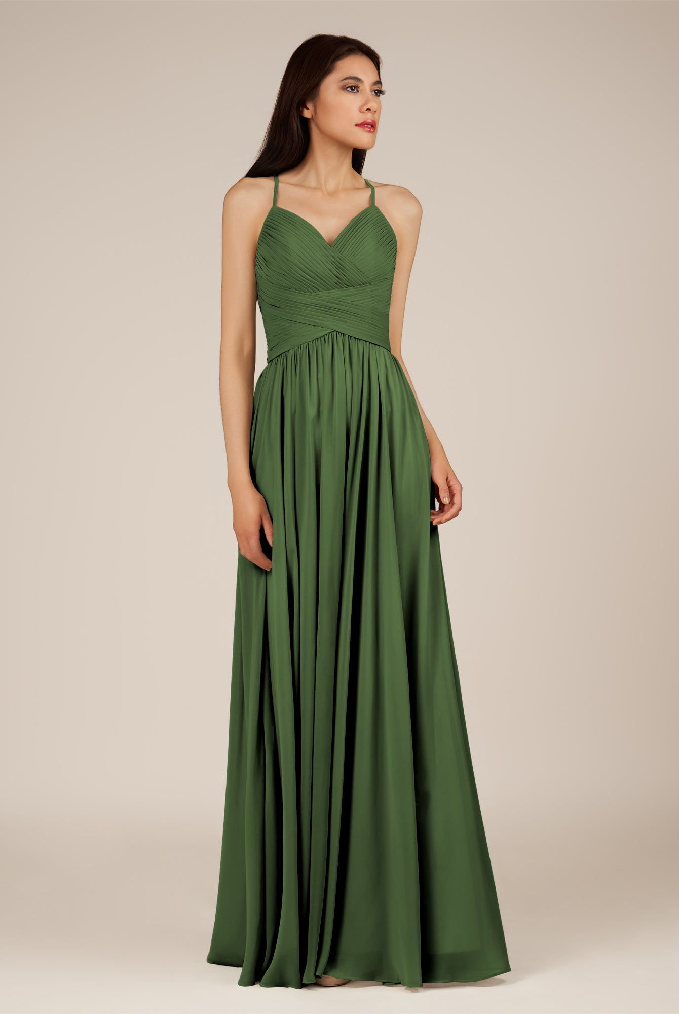 KissDress-Nolana Moss A Line V Neck Chiffon Pleated Long Bridesmaid Dress