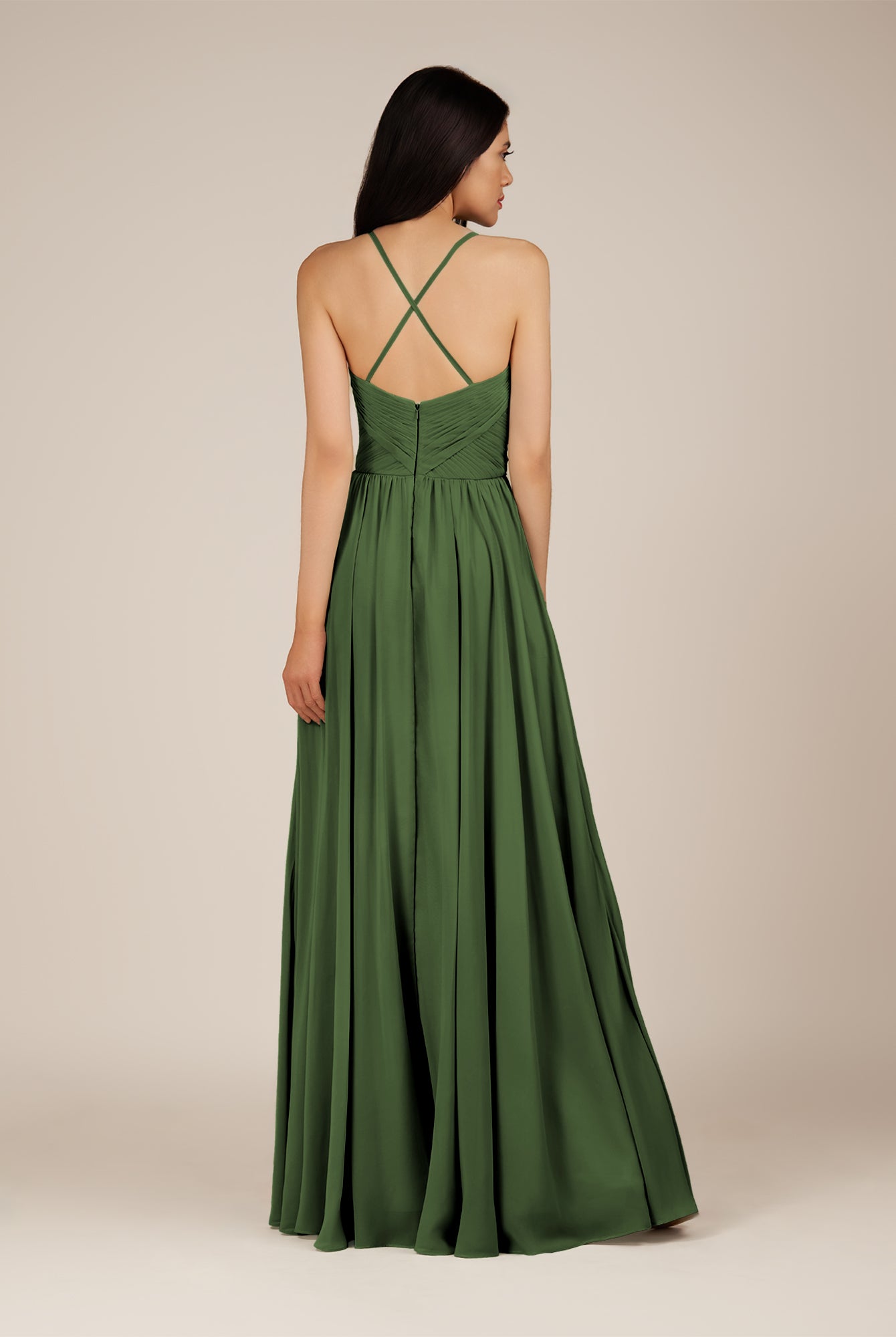 KissDress-Nolana Moss A Line V Neck Chiffon Pleated Long Bridesmaid Dress