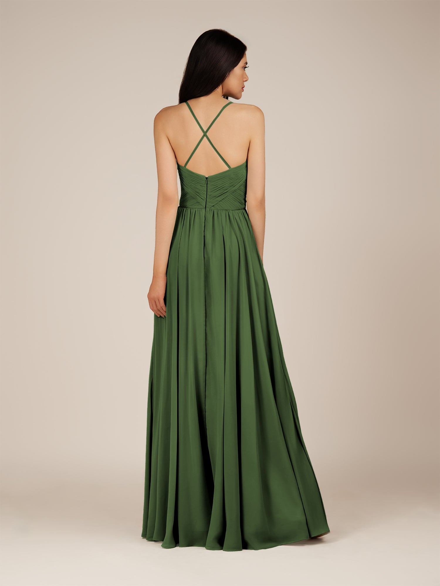 KissDress-Nolana Moss A Line V Neck Chiffon Pleated Long Bridesmaid Dress