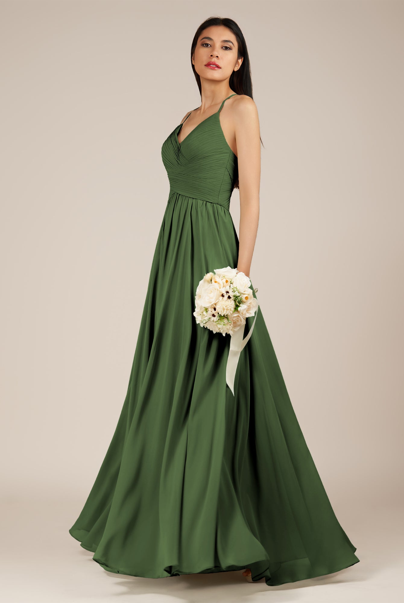 KissDress-Nolana Moss A Line V Neck Chiffon Pleated Long Bridesmaid Dress