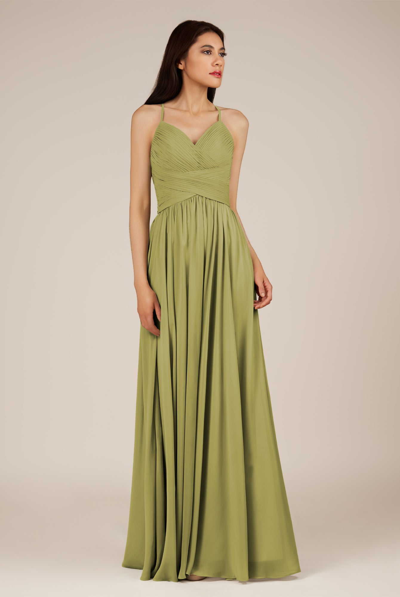 KissDress-Nolana Moss Green A Line V Neck Chiffon Pleated Long Bridesmaid Dress